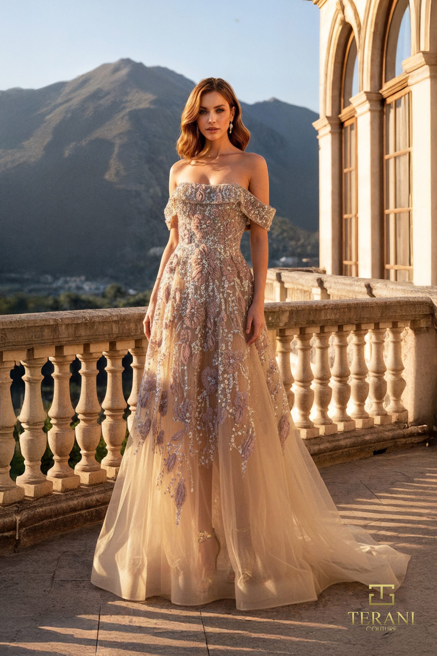 Off-Shoulder Beaded Tulle A-Line Gown – 261M6435