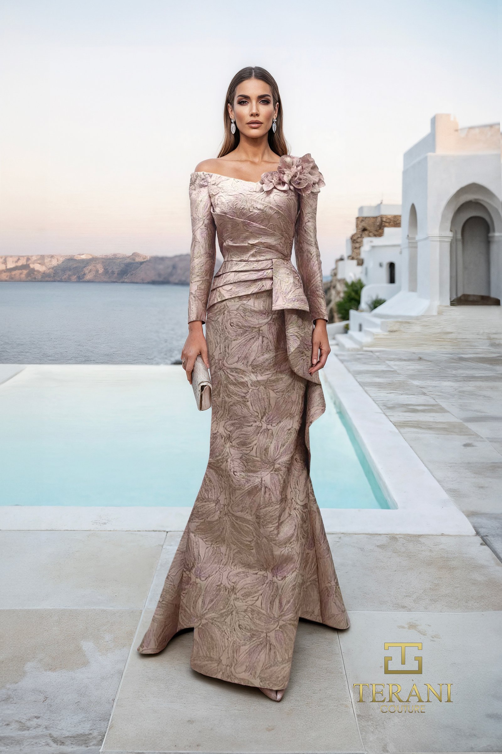 Off-Shoulder Jacquard Trumpet Gown with Long Sleeves – 261M6448