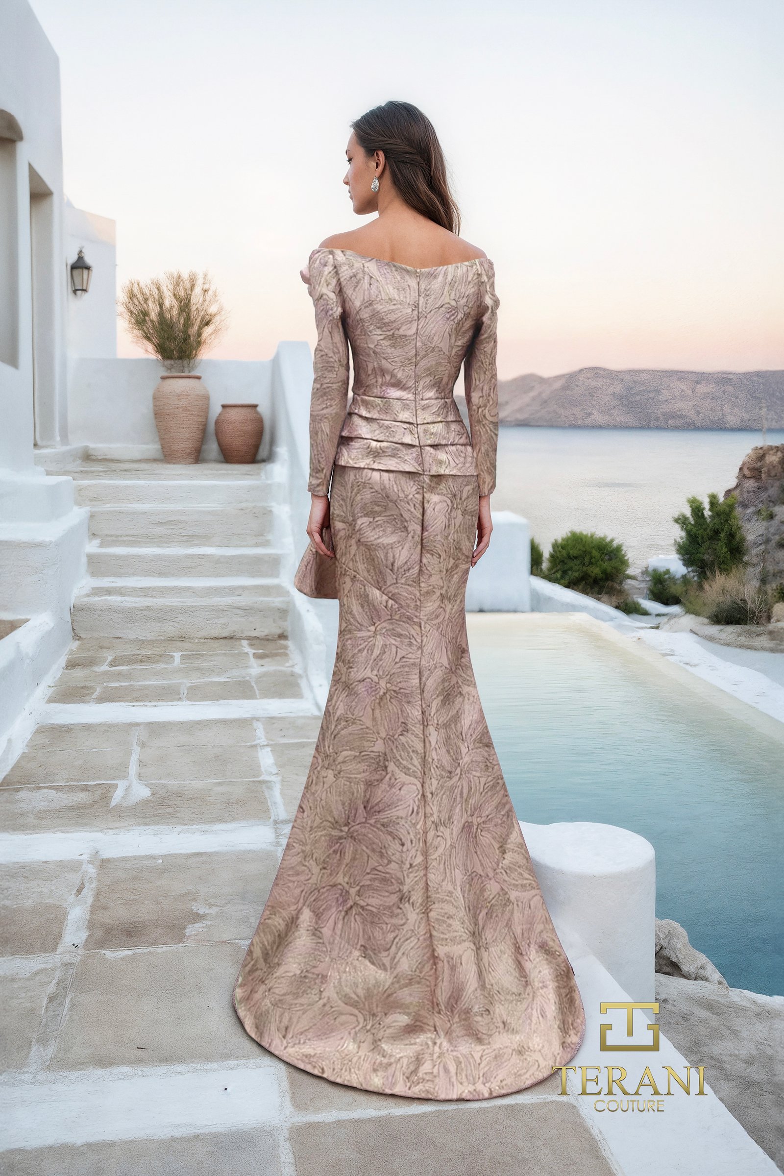 Off-Shoulder Jacquard Trumpet Gown with Long Sleeves – 261M6448