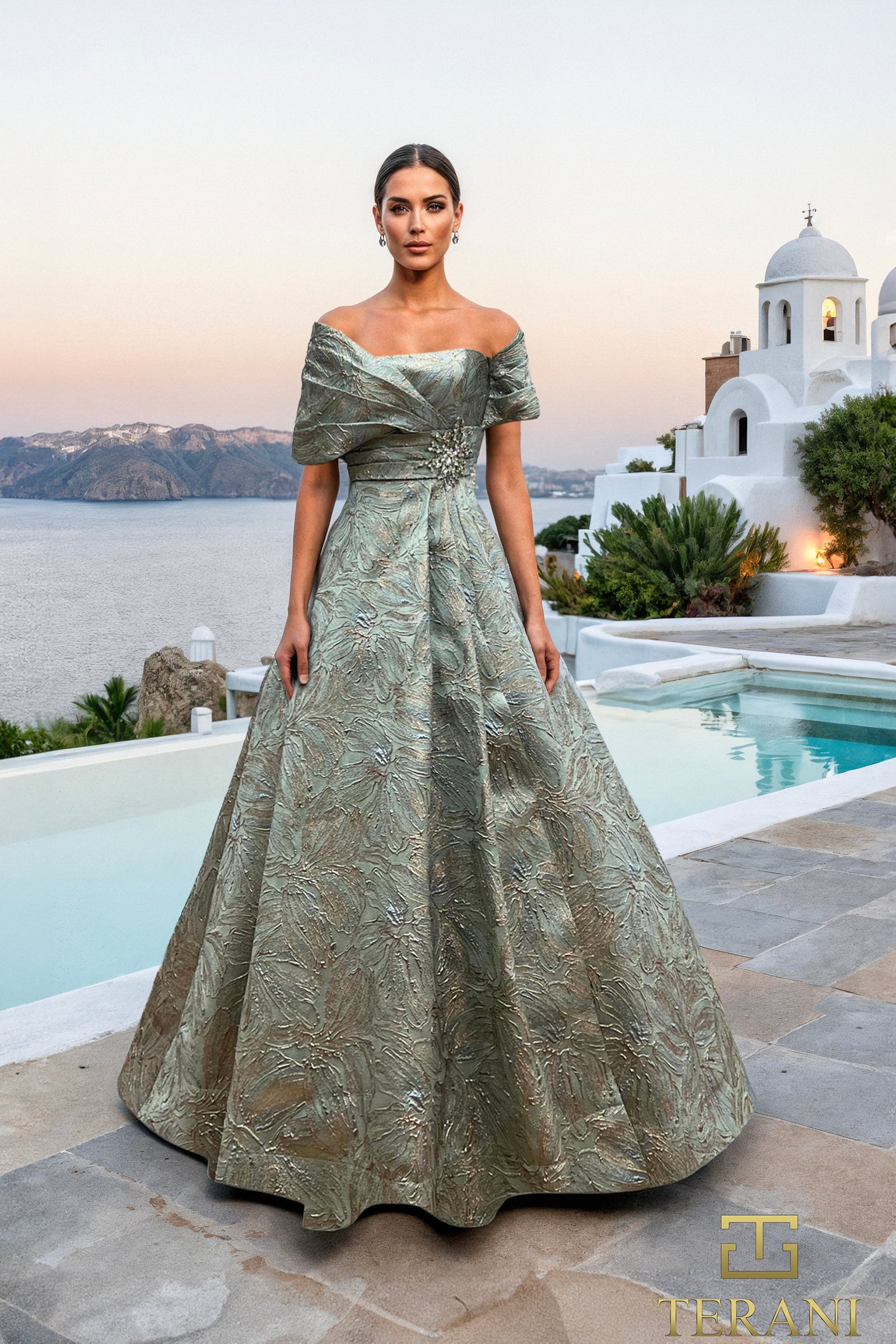 Off-Shoulder Jacquard A-Line Ballgown with Shawl Sleeves – 261M6453