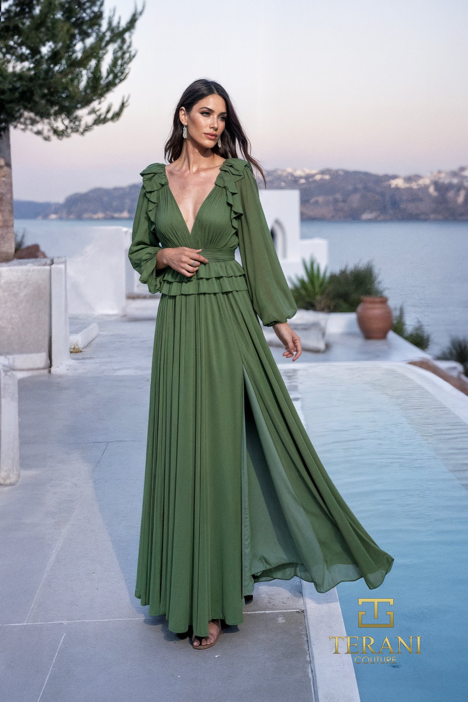 Low V-Neck Chiffon A-Line Gown with Long Sleeves and Slit – 261M6741