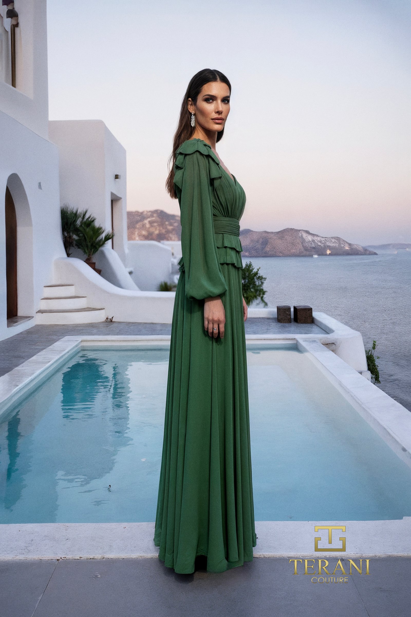 Low V-Neck Chiffon A-Line Gown with Long Sleeves and Slit – 261M6741