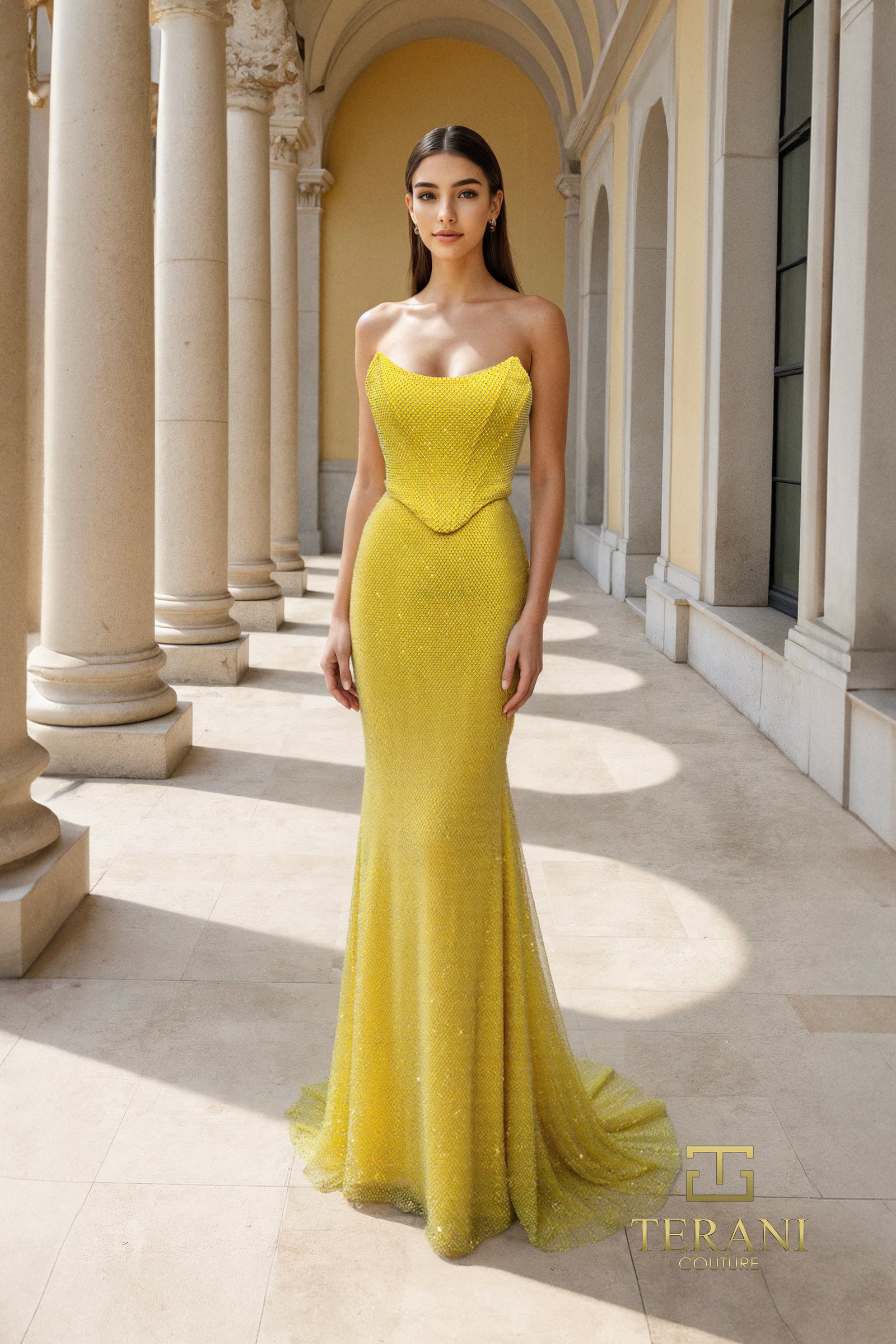 Draped Cowl Neck Fishnet Sheath Gown – 261P6187