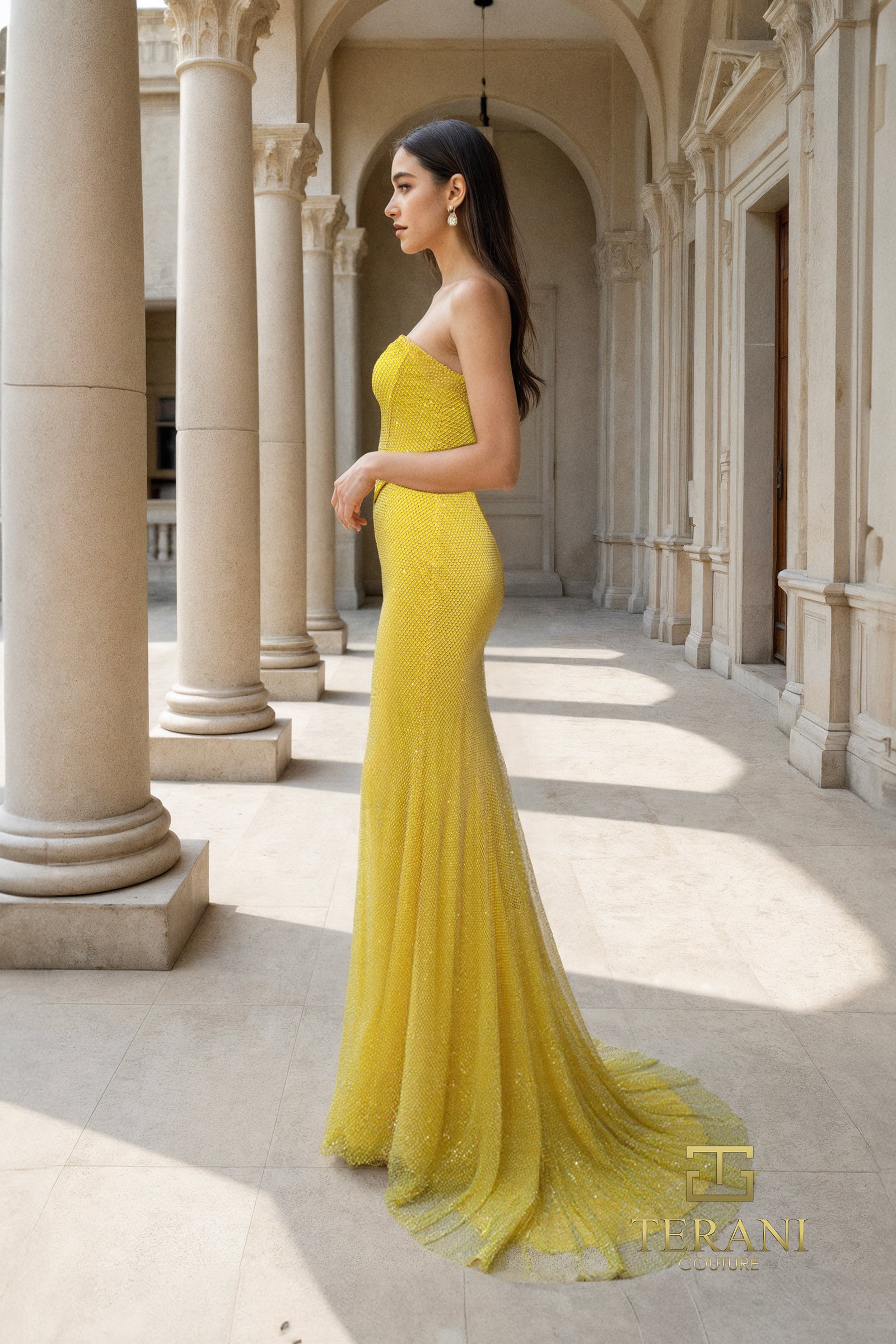 Draped Cowl Neck Fishnet Sheath Gown – 261P6187