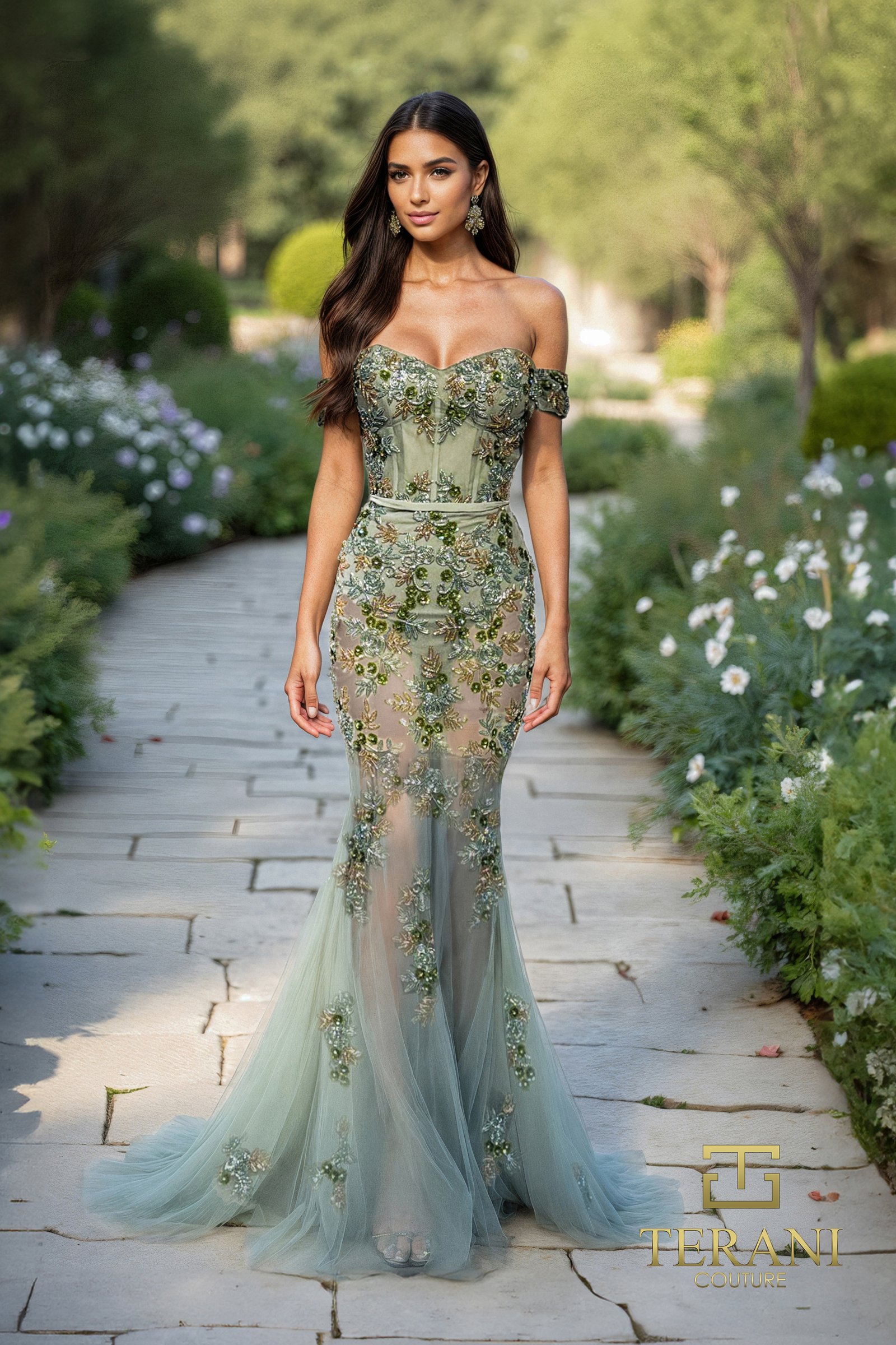 Off-Shoulder Sweetheart Embroidered Tulle Mermaid Gown – 261P6676
