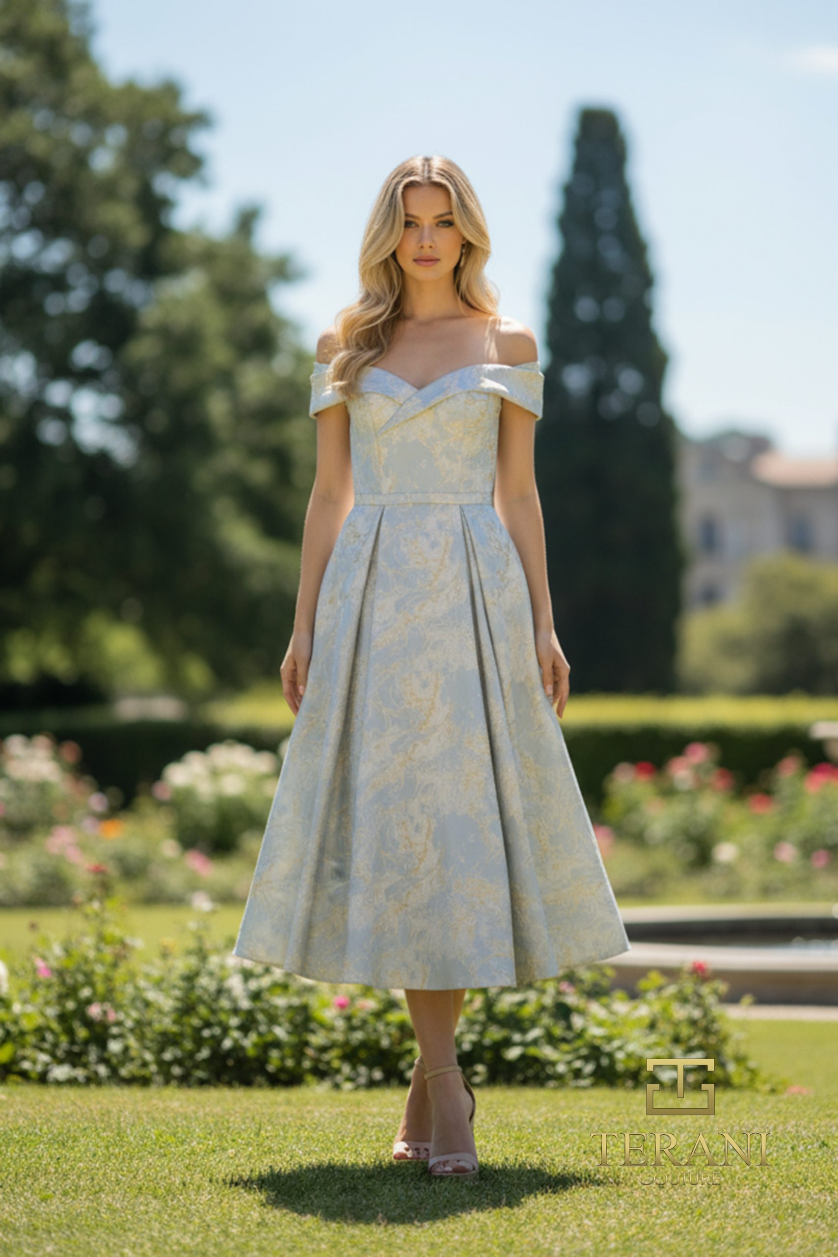 Off-Shoulder Jacquard Fit & Flare Gown with Overskirt – 261C6515