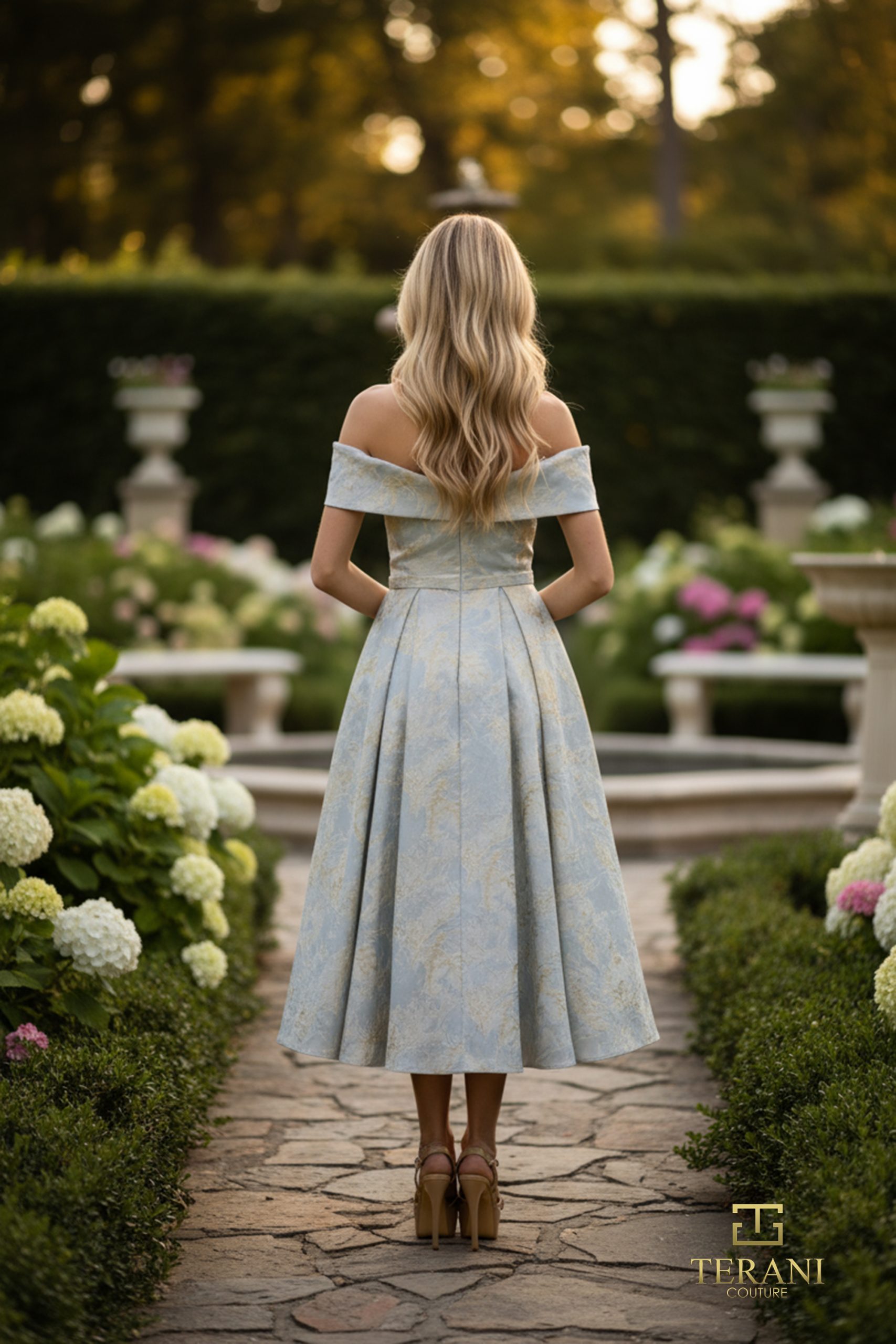Off-Shoulder Jacquard Fit & Flare Gown with Overskirt – 261C6515