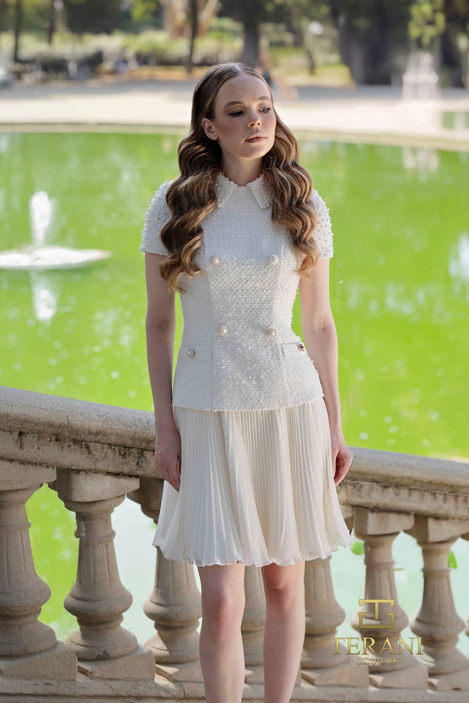 Round Neck Tweed & Chiffon Fit & Flare Dress with Collar – 261C6519