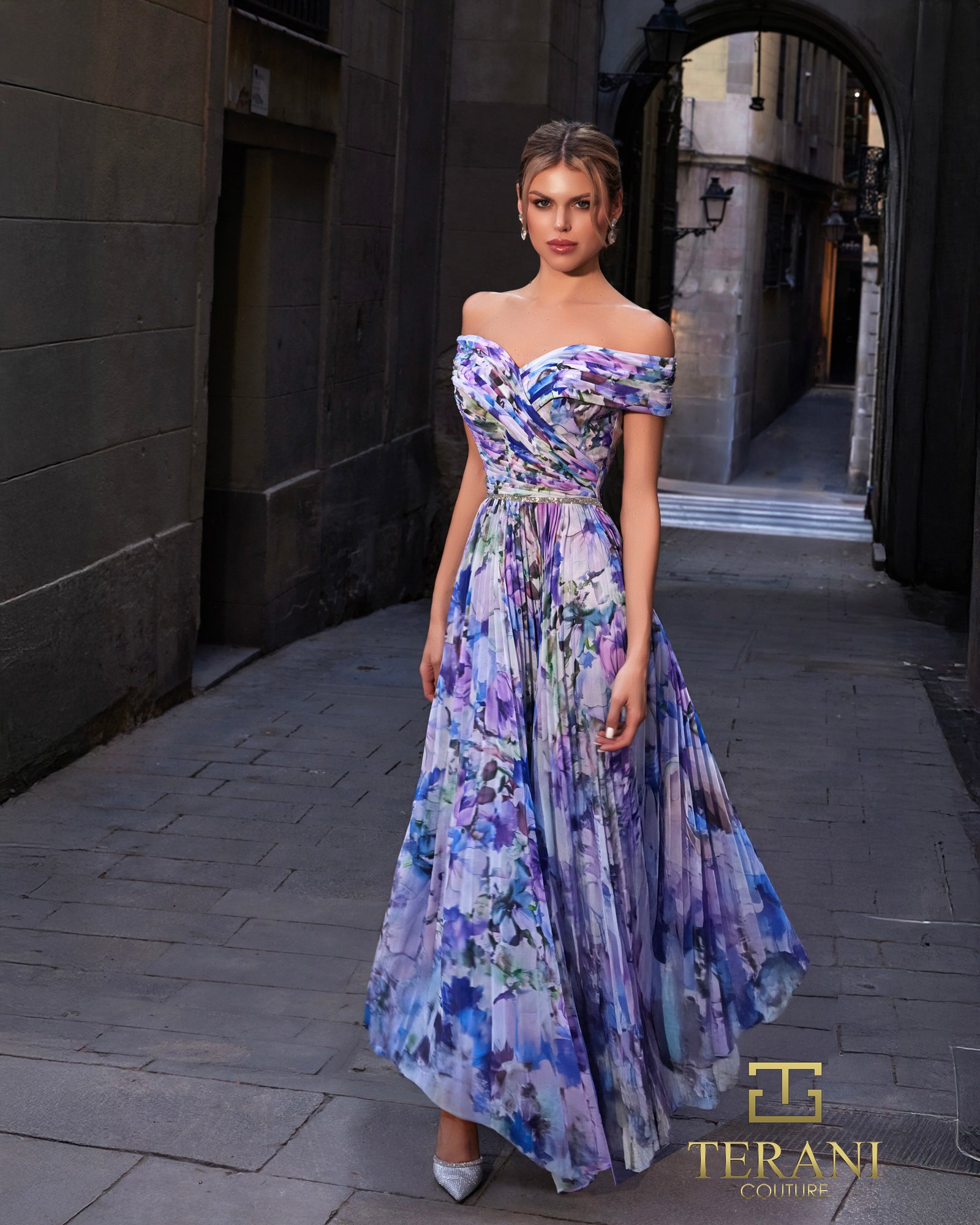 Off-Shoulder Printed Chiffon A-Line Gown – 261C6641