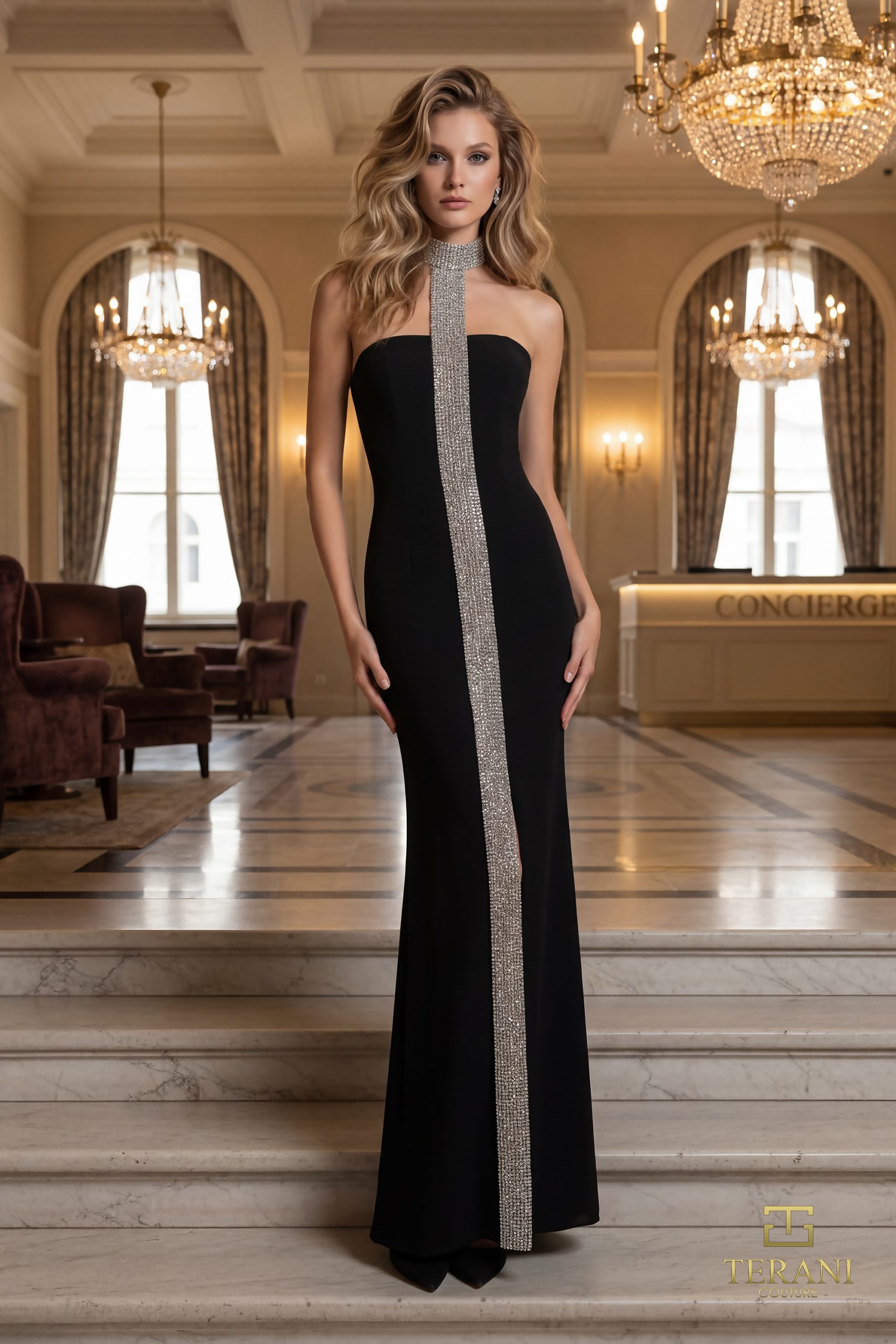 Strapless Scuba Sheath Gown with Slit - 261E6119