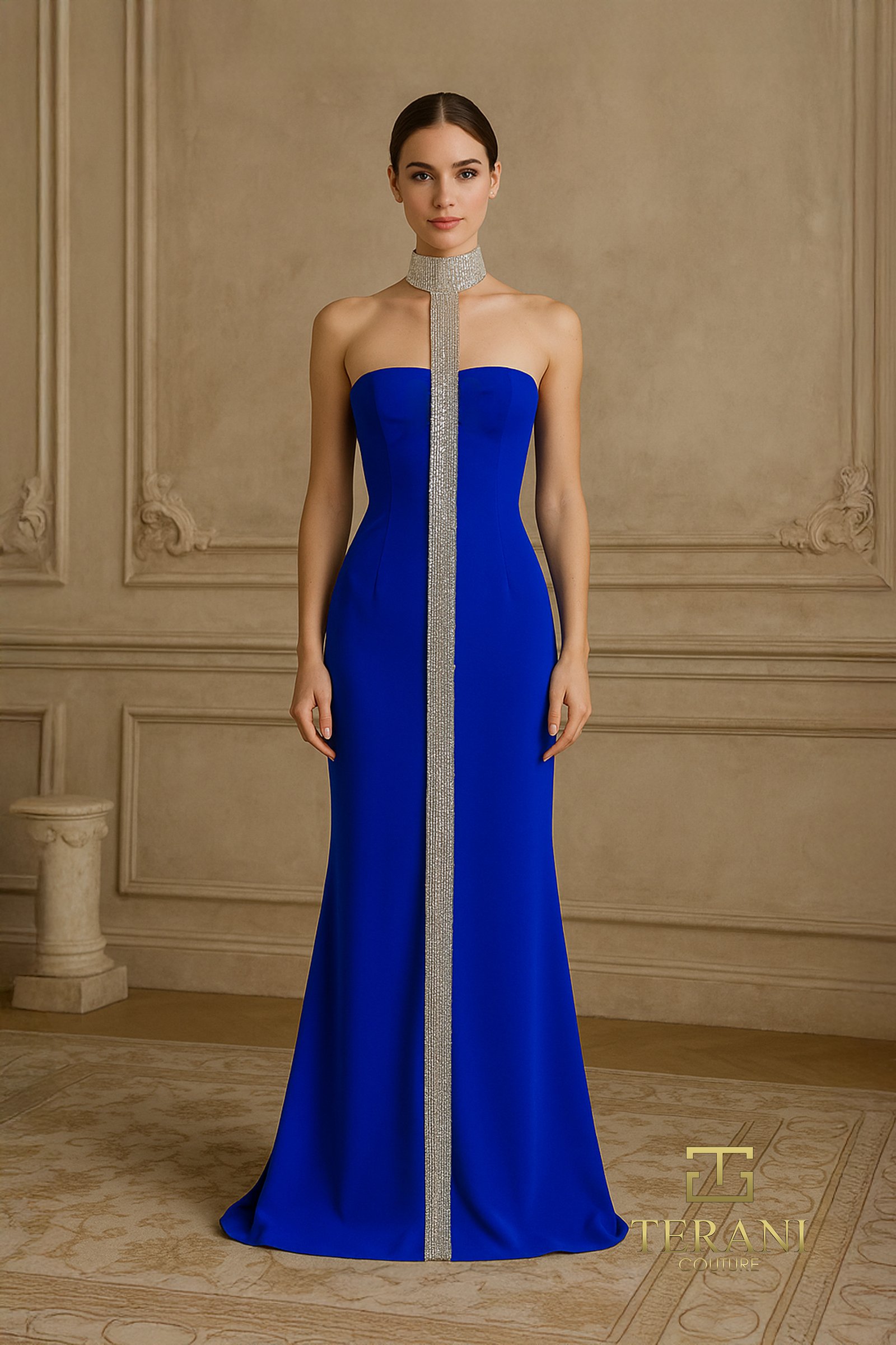 Strapless Scuba Sheath Gown with Slit - 261E6119