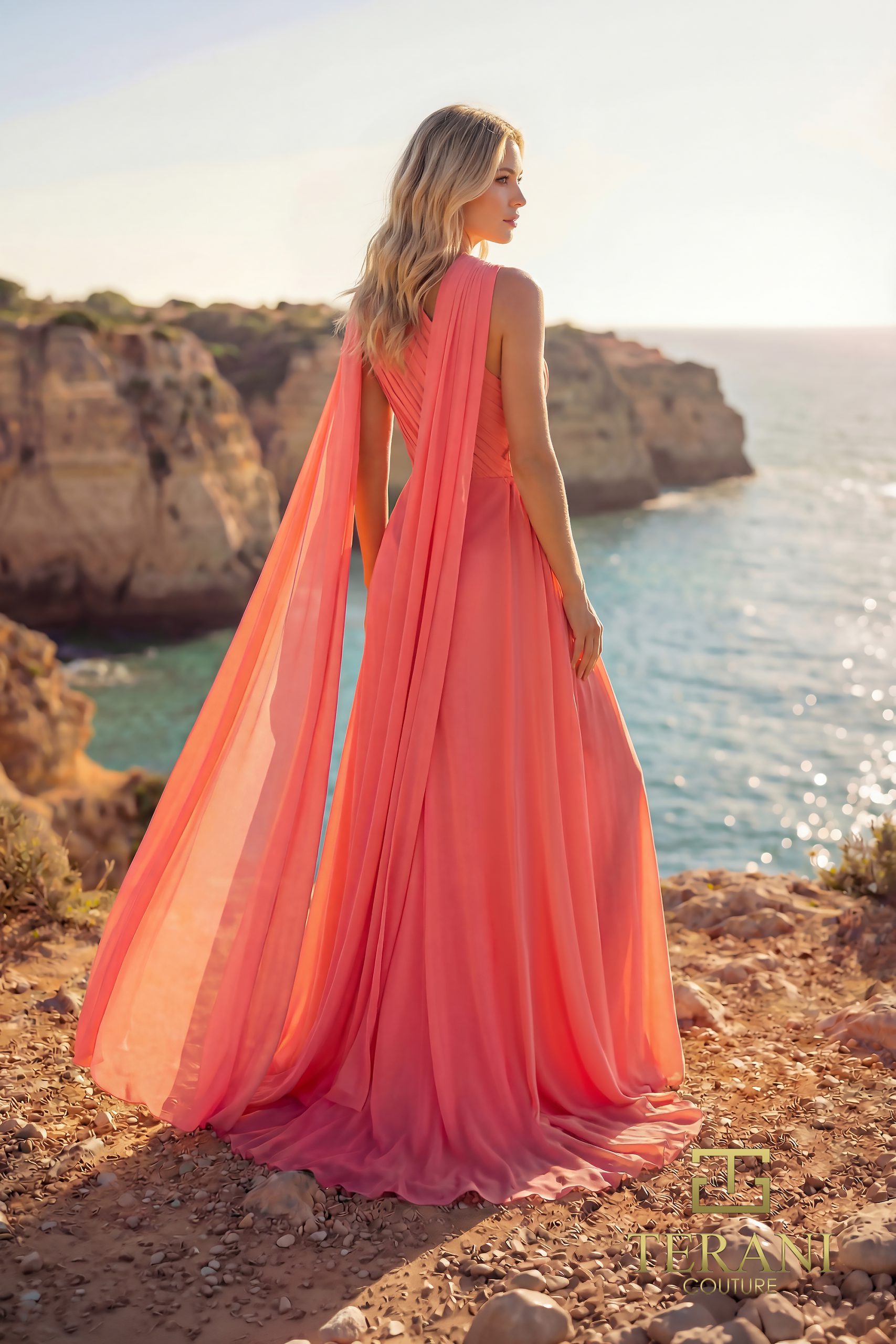 One-Shoulder Chiffon Column Gown with Cape Sleeve and Slit – 261E6205