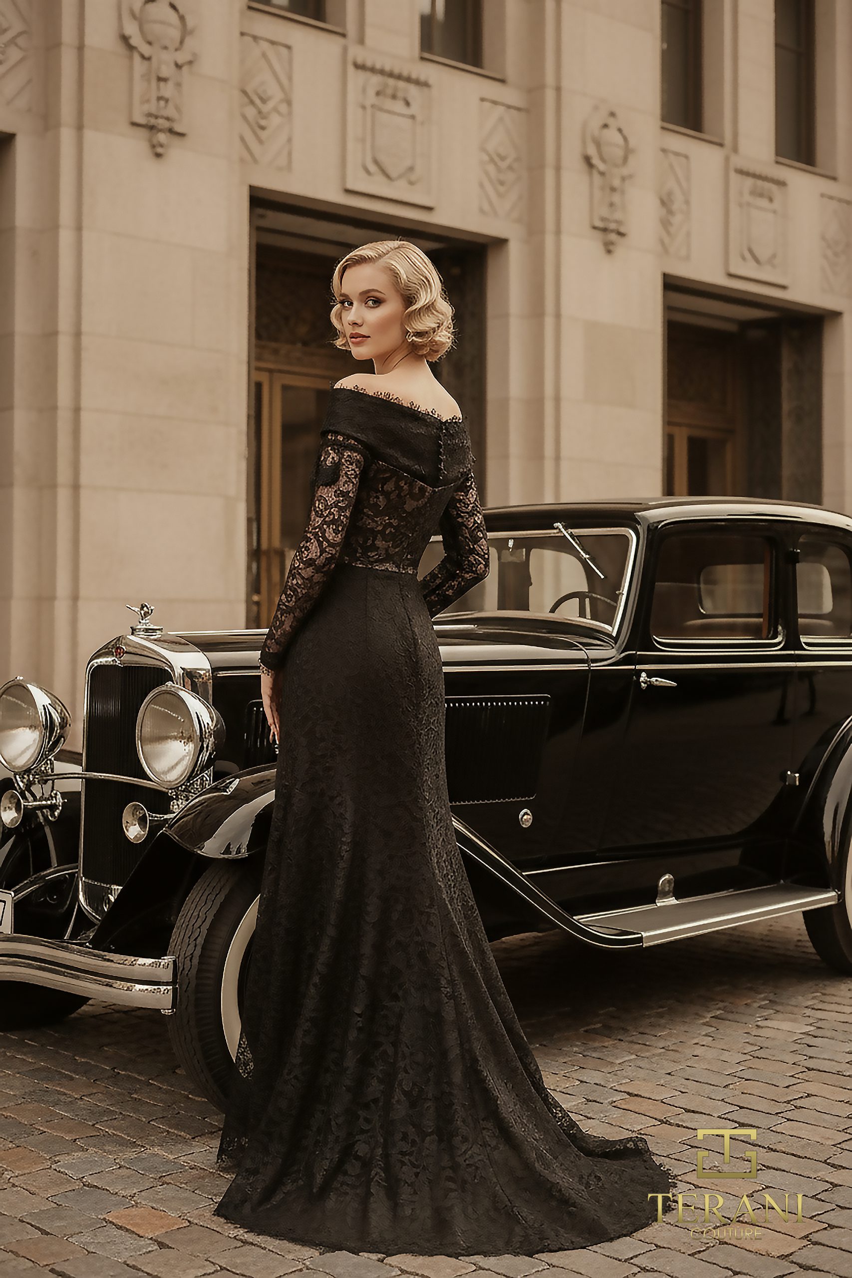 Off-Shoulder Lace & Matte Satin Column Gown with Long Sleeves – 261E6208