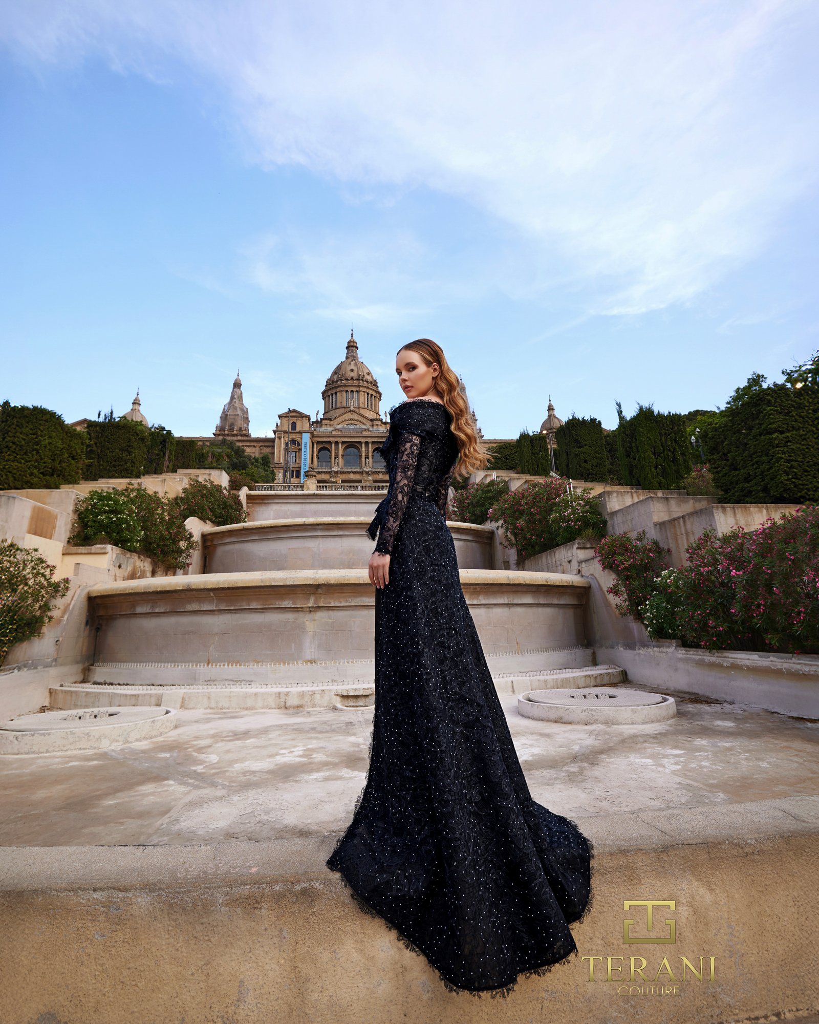 Off-Shoulder Lace & Matte Satin Column Gown with Long Sleeves – 261E6208