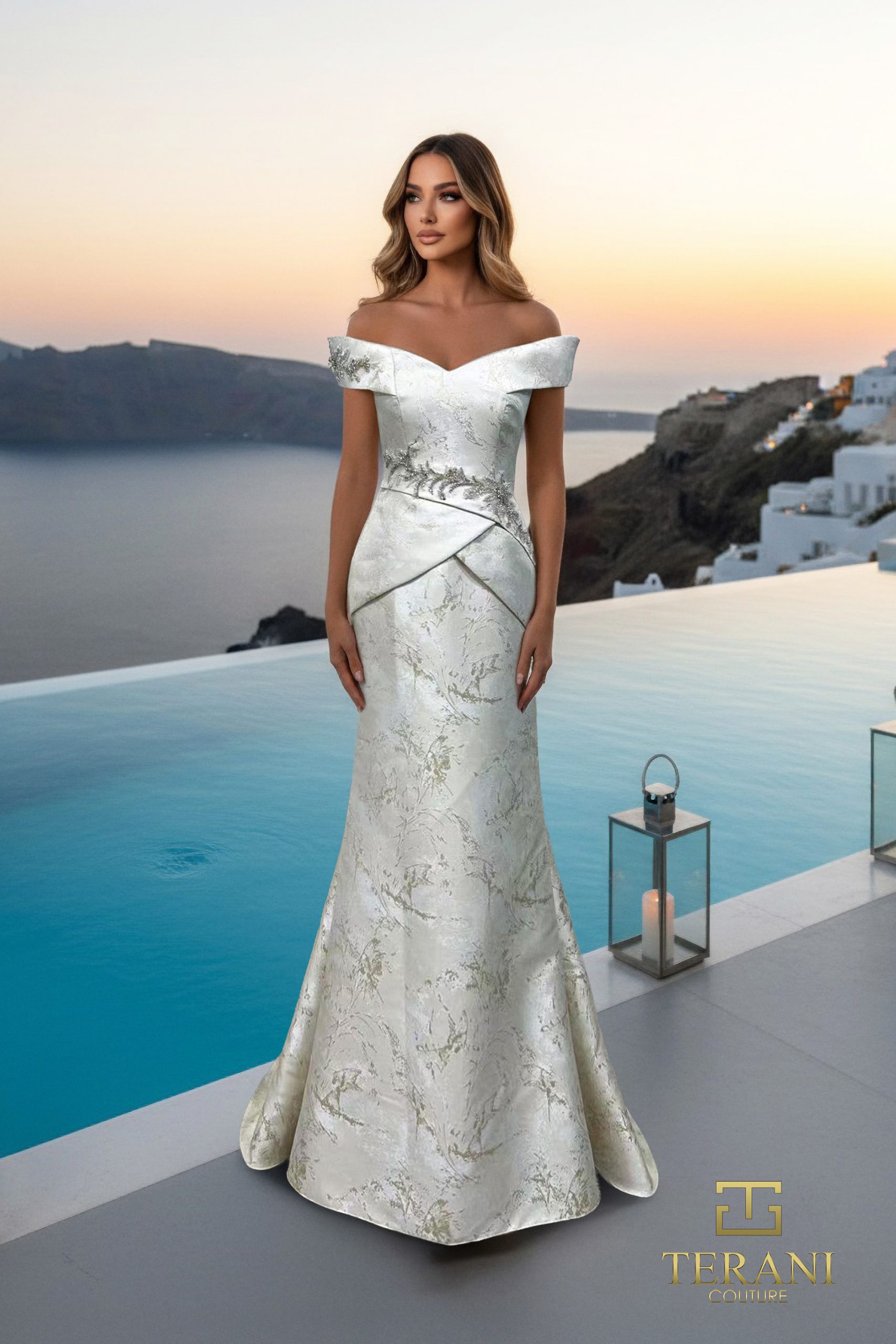 Off-Shoulder Jacquard Trumpet Gown – 261E6252