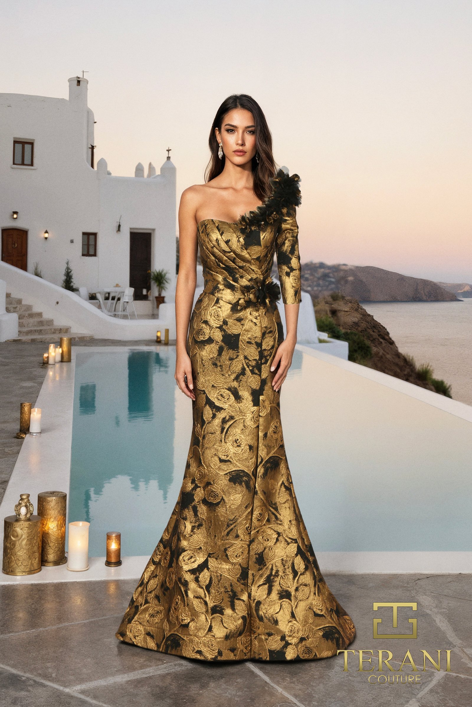 Asymmetric One-Shoulder Brocade Trumpet Gown with 3/4 Sleeve – 261E6275