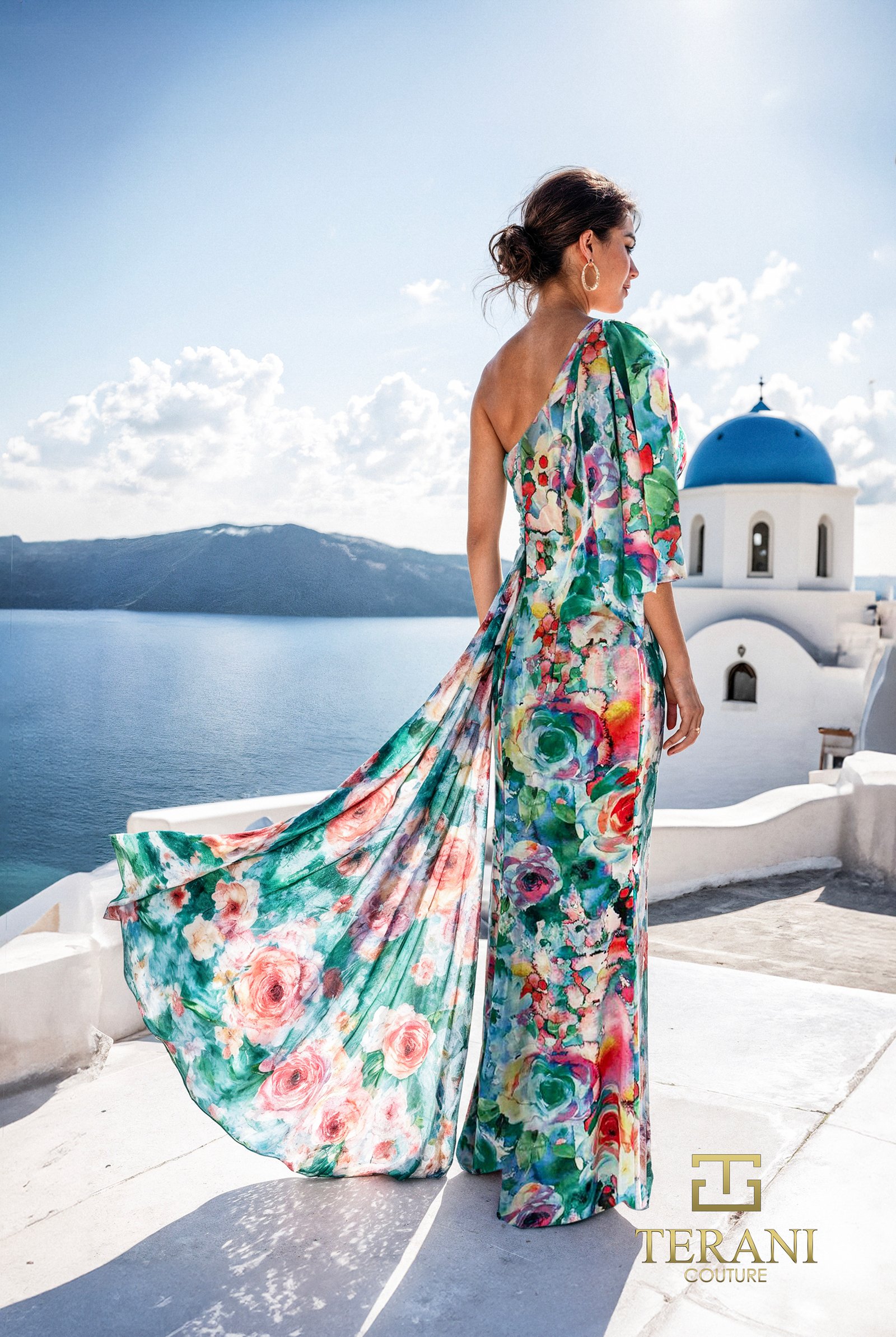 One-Shoulder Printed Chiffon Column Gown with Flutter Sleeve and Slit – 261E6646
