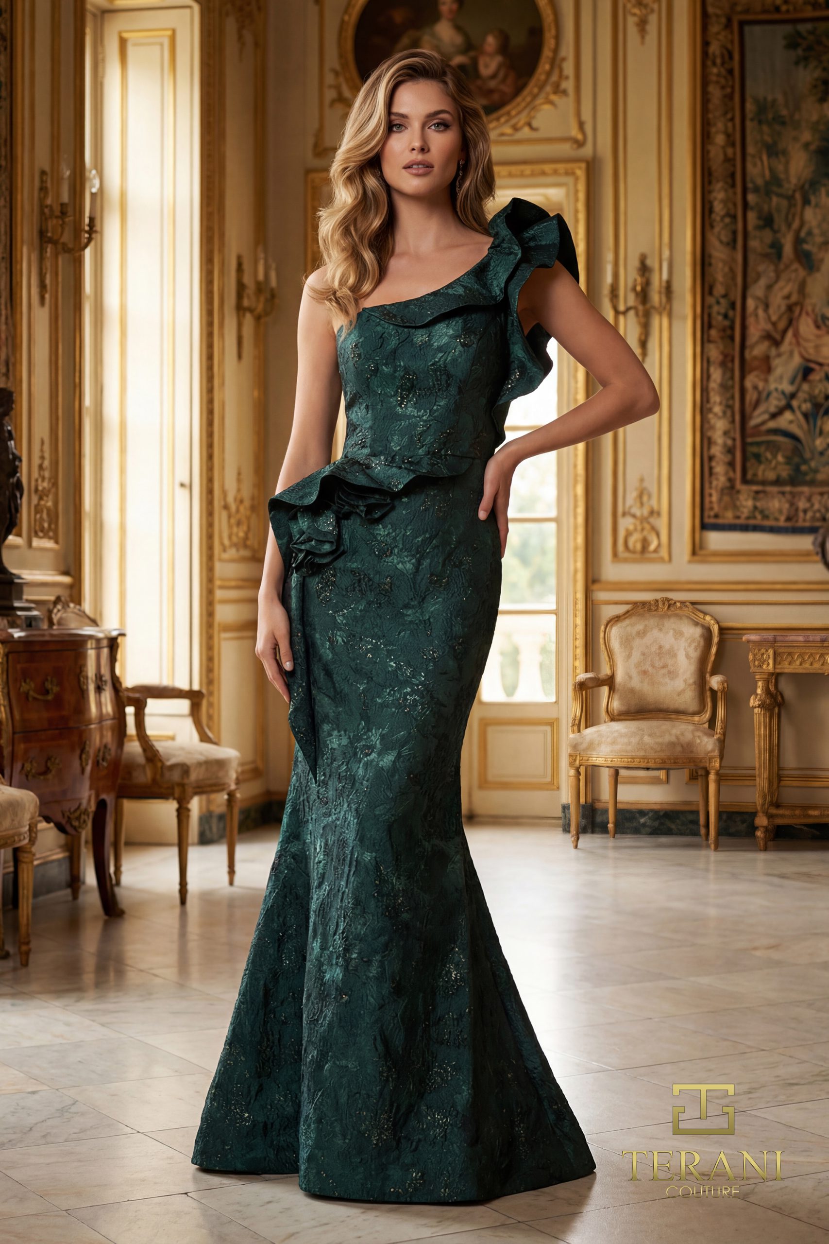 Ruffled One-Shoulder Jacquard Mermaid Gown with Slit – 261E6678