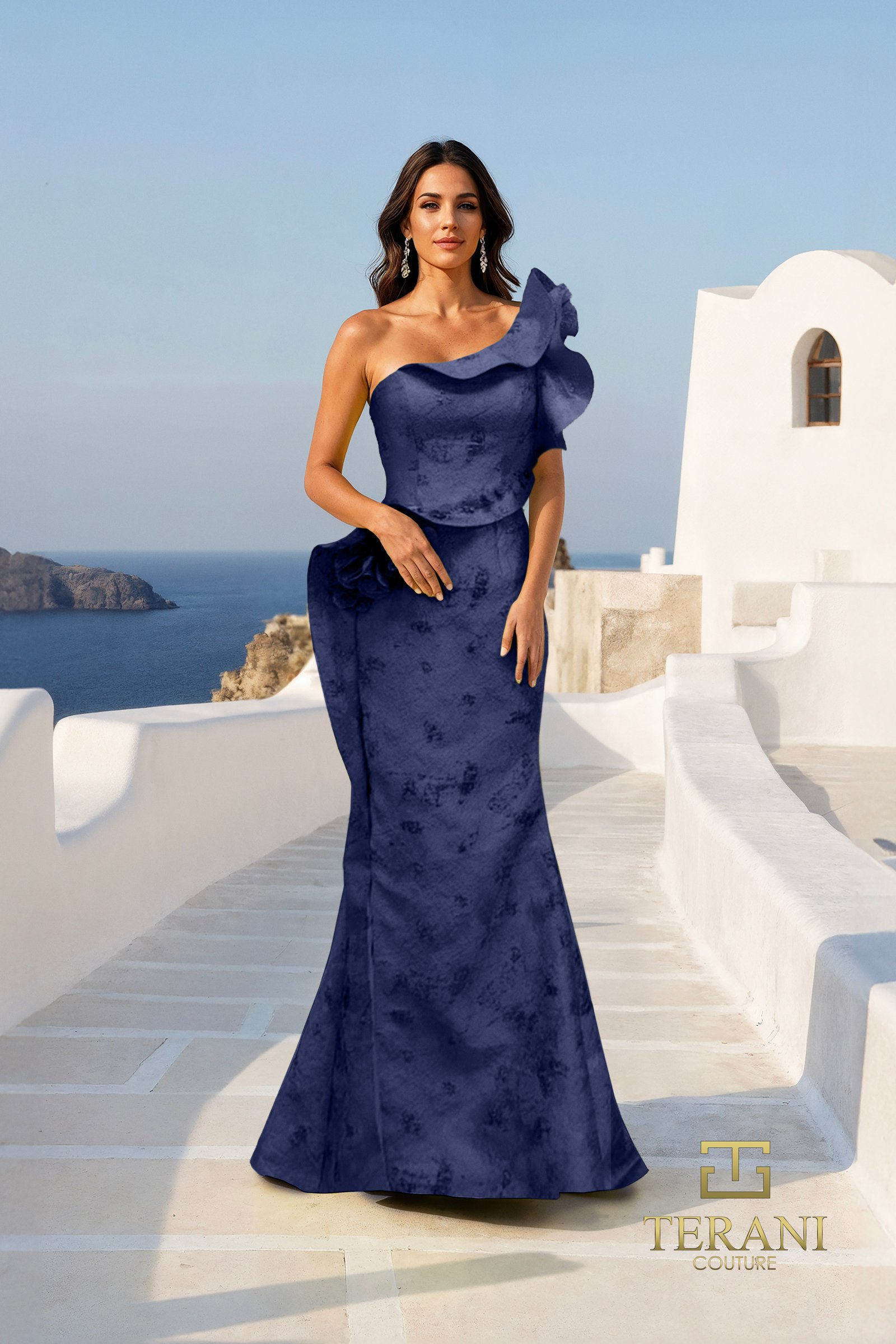 Ruffled One-Shoulder Jacquard Mermaid Gown with Slit – 261E6678