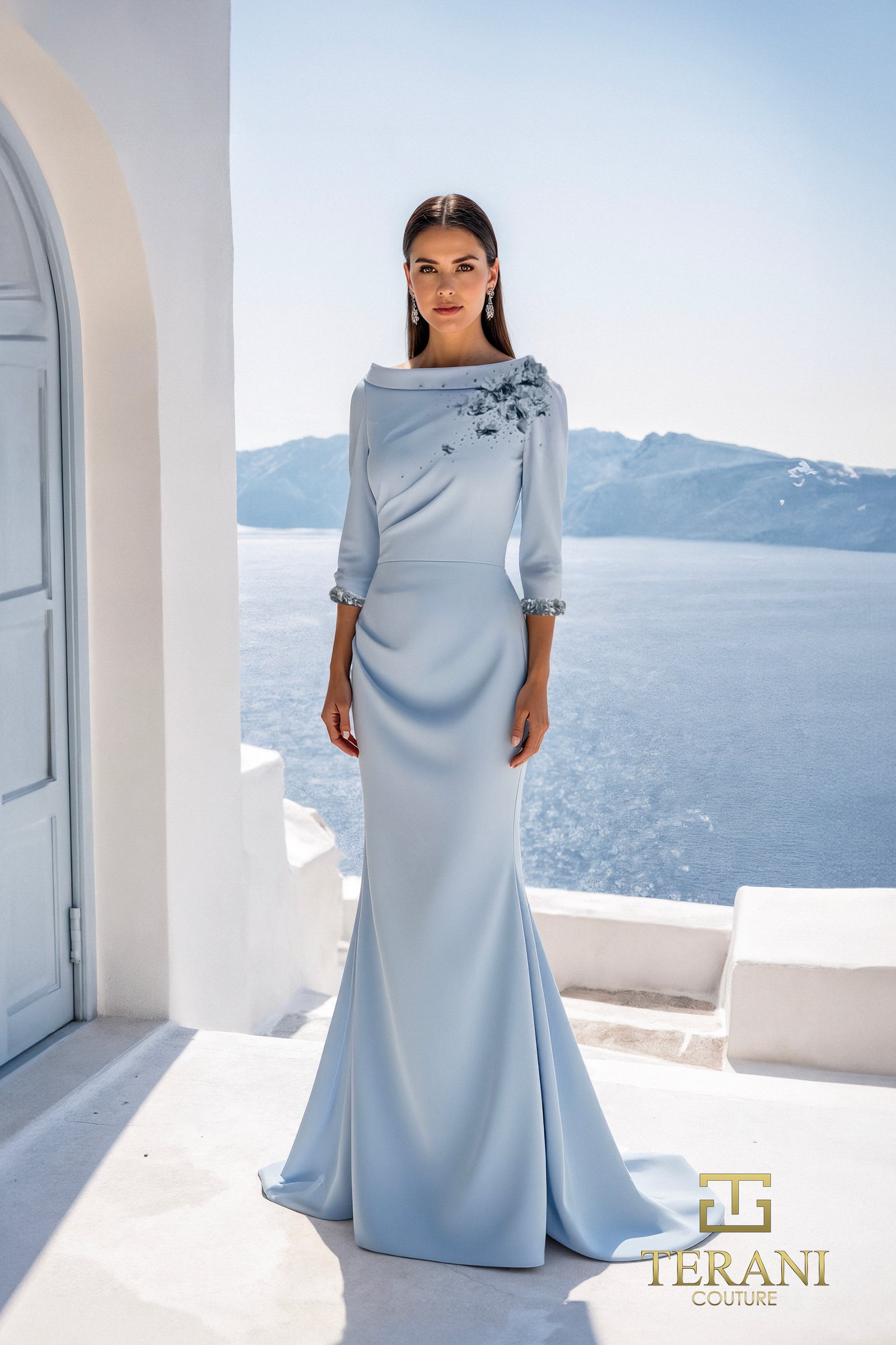 High Boat Neck Crepe Sheath Gown with 3/4 Sleeves – 261E6701