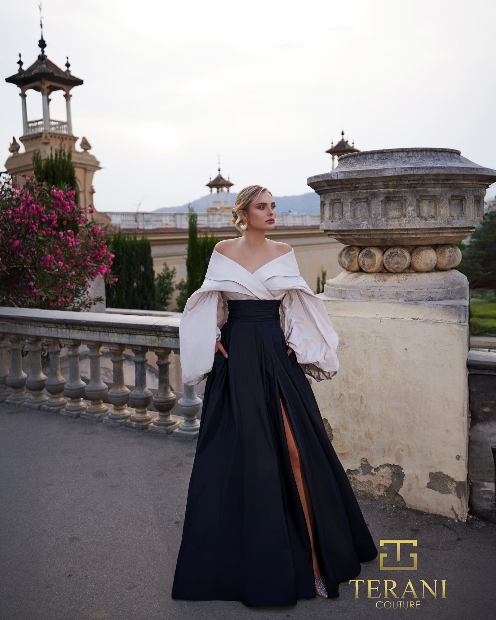 Off-Shoulder Tafetta Mock 2-Piece Gown with Puff Long Sleeves and Slit – 261E6720