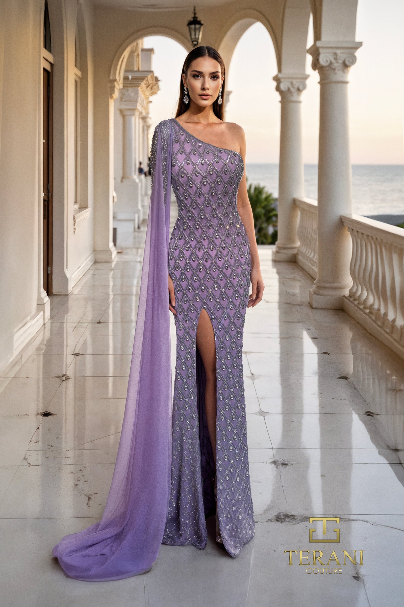 Asymmetric One-Shoulder Beaded Tulle Sheath Gown with Cape Sleeve and Slit – 261GL6357