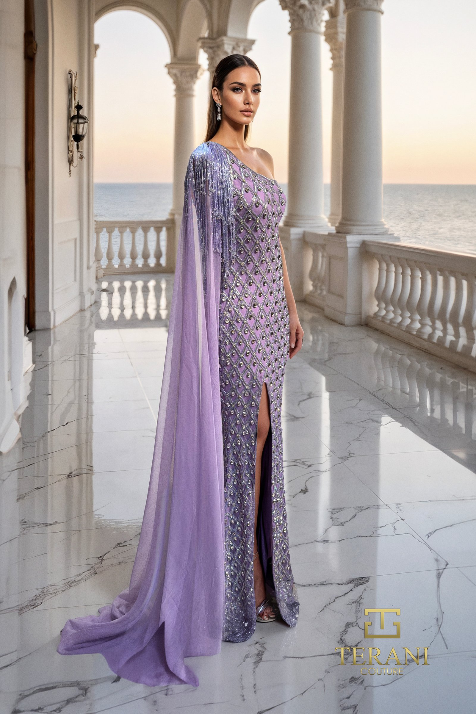 Asymmetric One-Shoulder Beaded Tulle Sheath Gown with Cape Sleeve and Slit – 261GL6357