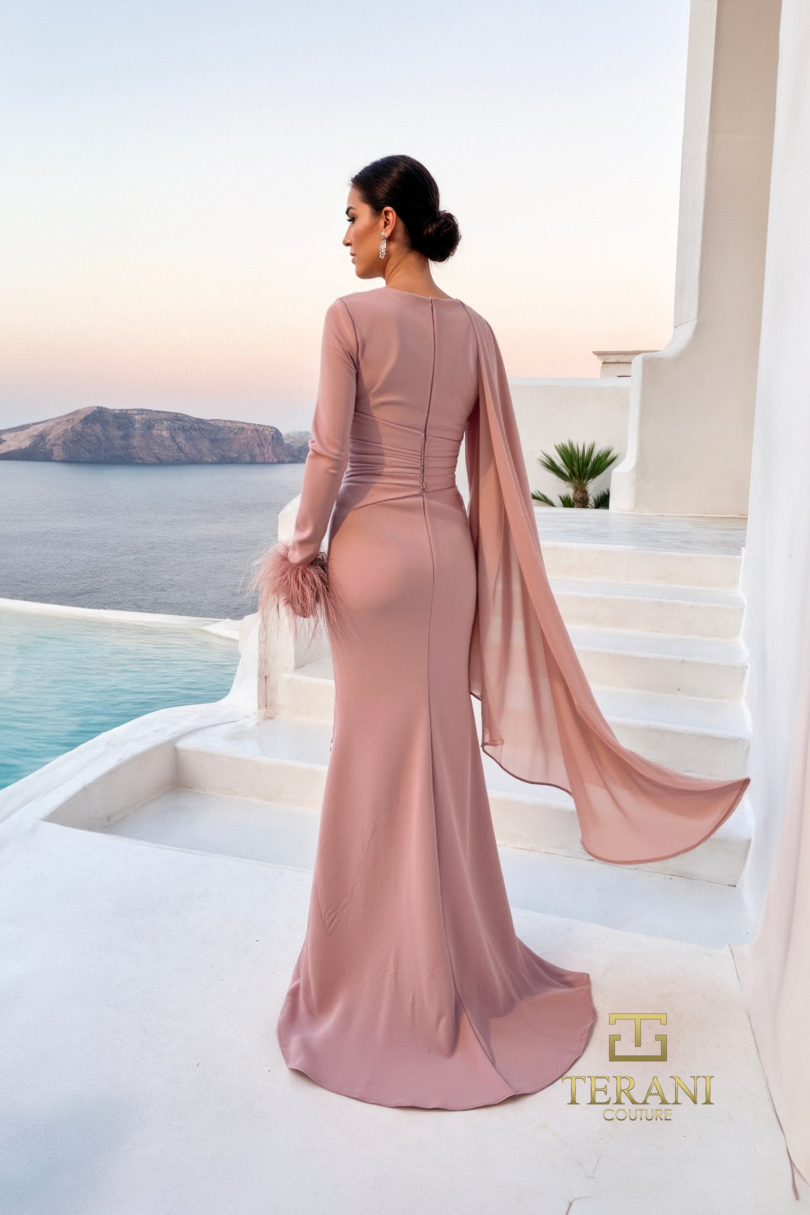 Asymmetric Chiffon Sheath Gown with Train and Long Sleeves – 261M6403