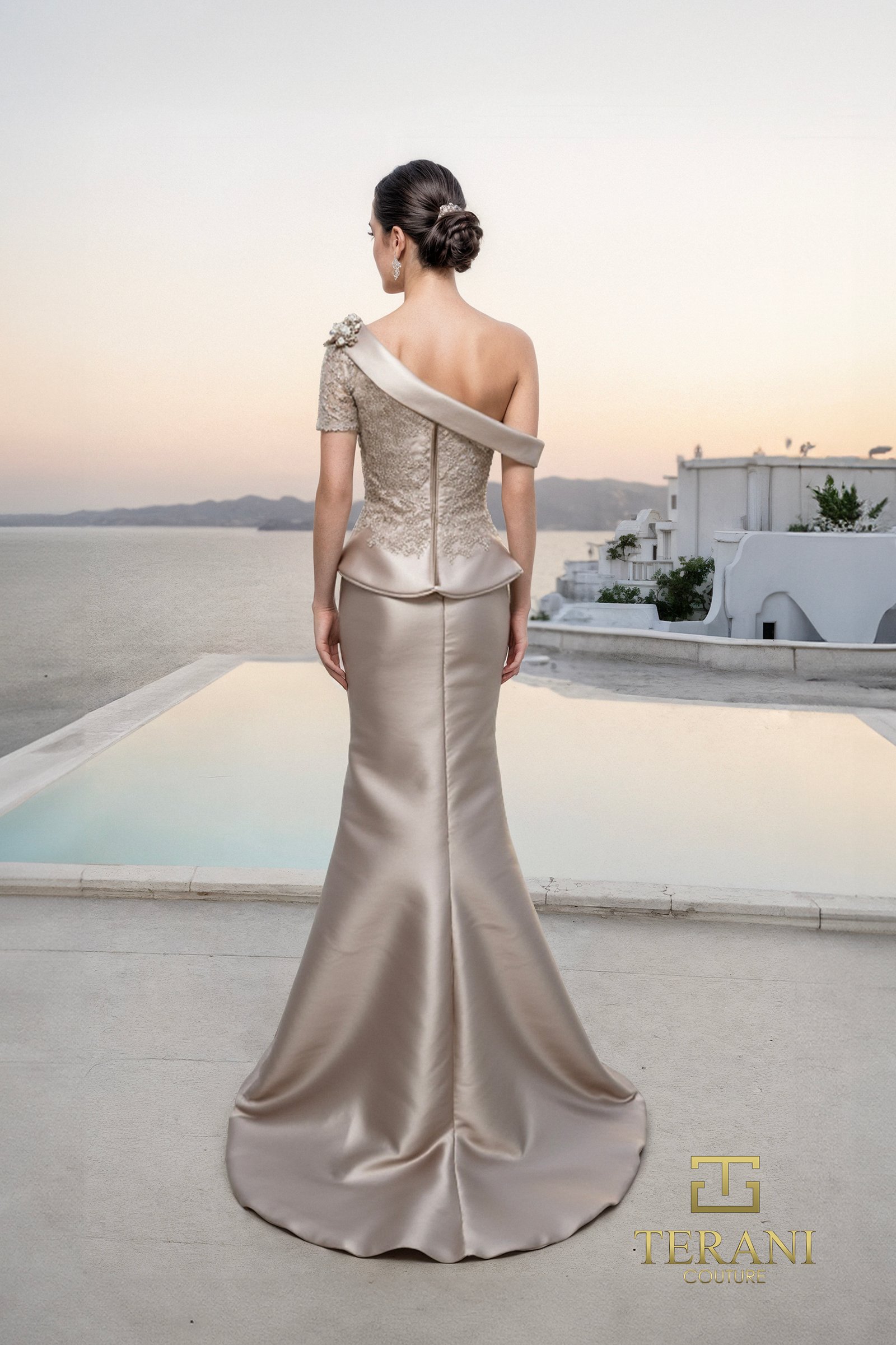 Asymmetric One-Shoulder Mikado & Lace Sheath Gown with Peplum – 261M6408