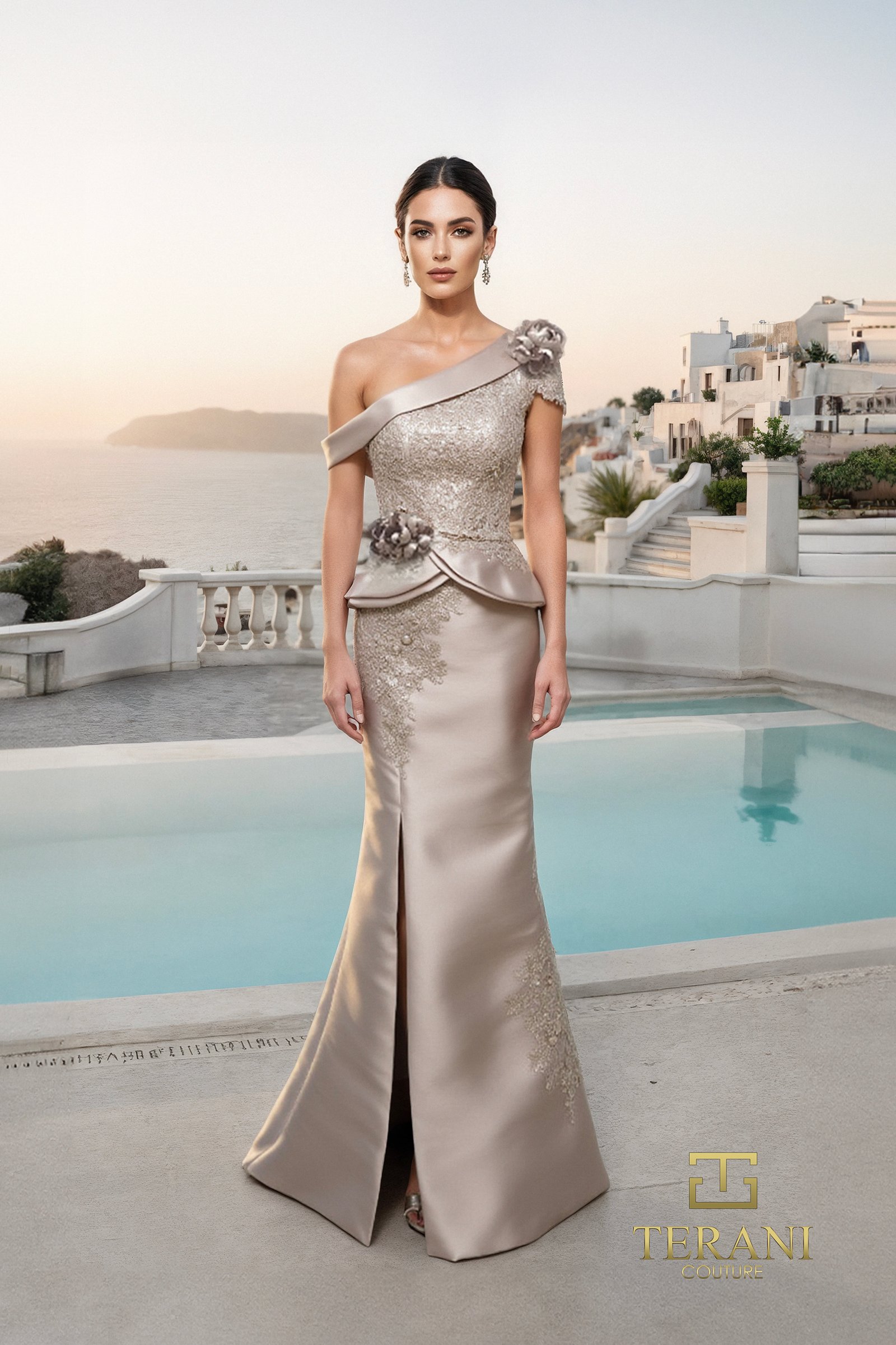 Asymmetric One-Shoulder Mikado & Lace Sheath Gown with Peplum – 261M6408