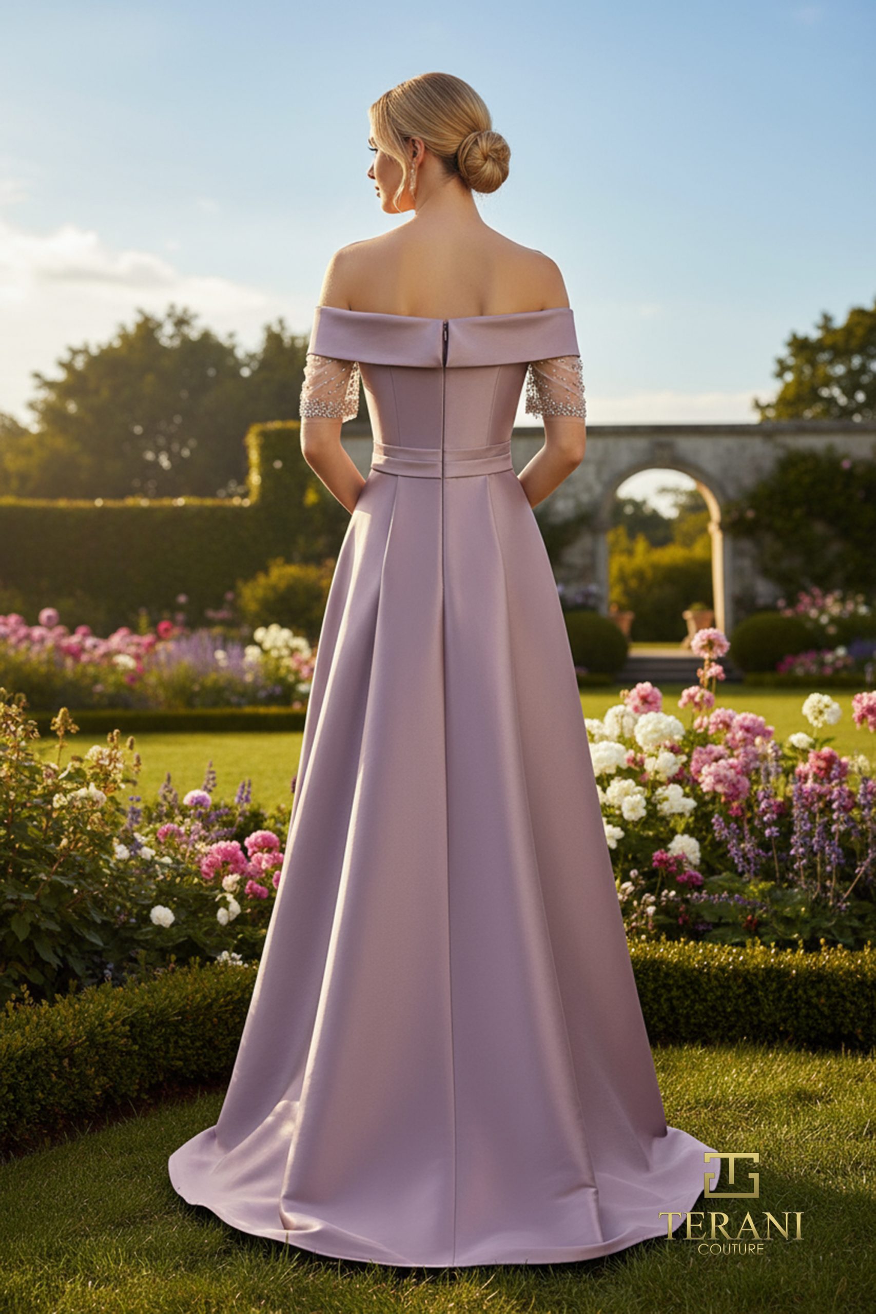 Off-Shoulder Mikado A-Line Gown with Sheer Cap Sleeves – 261M6409