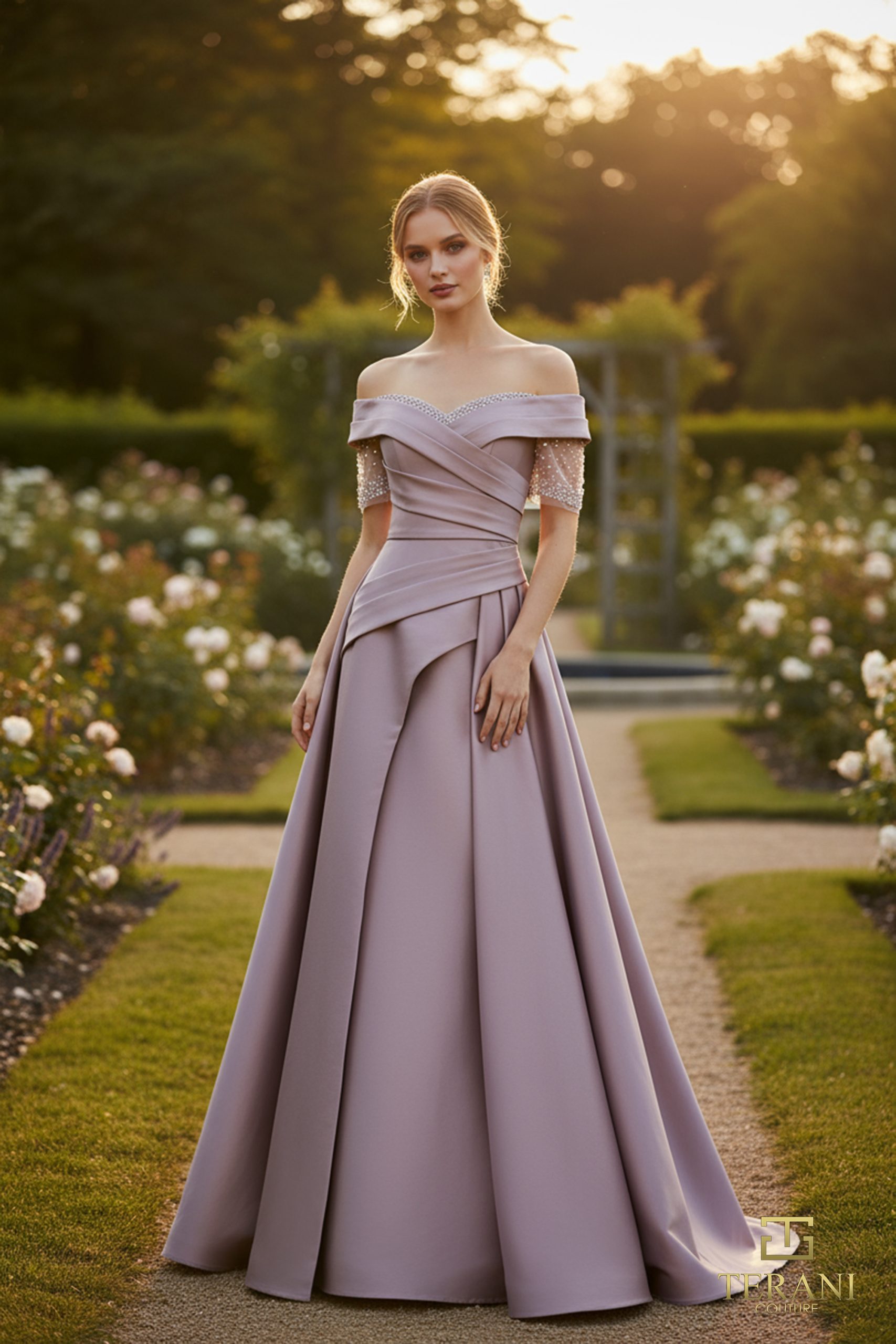 Off-Shoulder Mikado A-Line Gown with Sheer Cap Sleeves - 261M6409