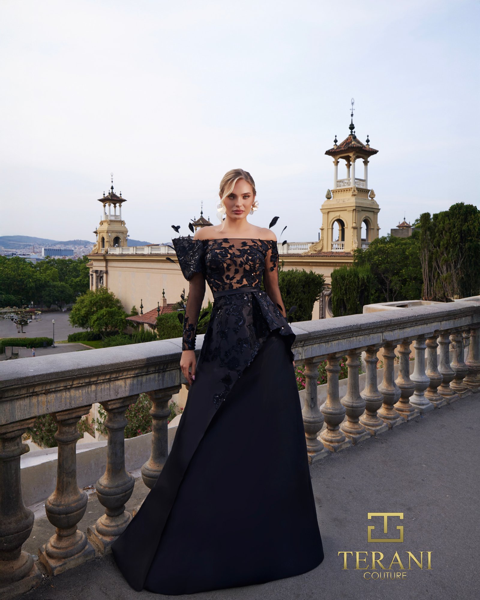 Illusion Neck Mikado & Beaded Tulle A-Line Gown with Long Off-Shoulder Sleeves – 261M6410