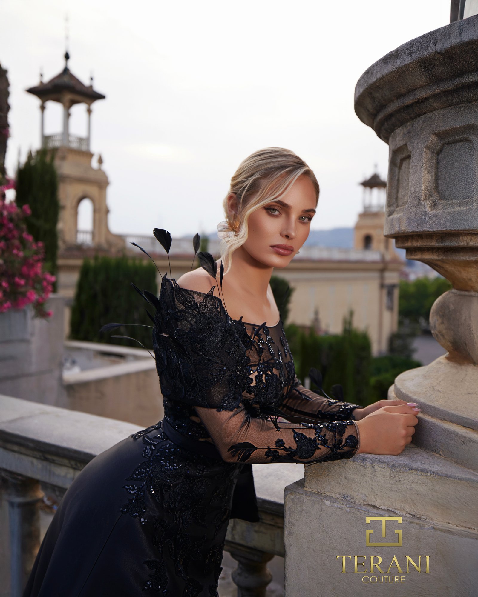 Illusion Neck Mikado & Beaded Tulle A-Line Gown with Long Off-Shoulder Sleeves – 261M6410