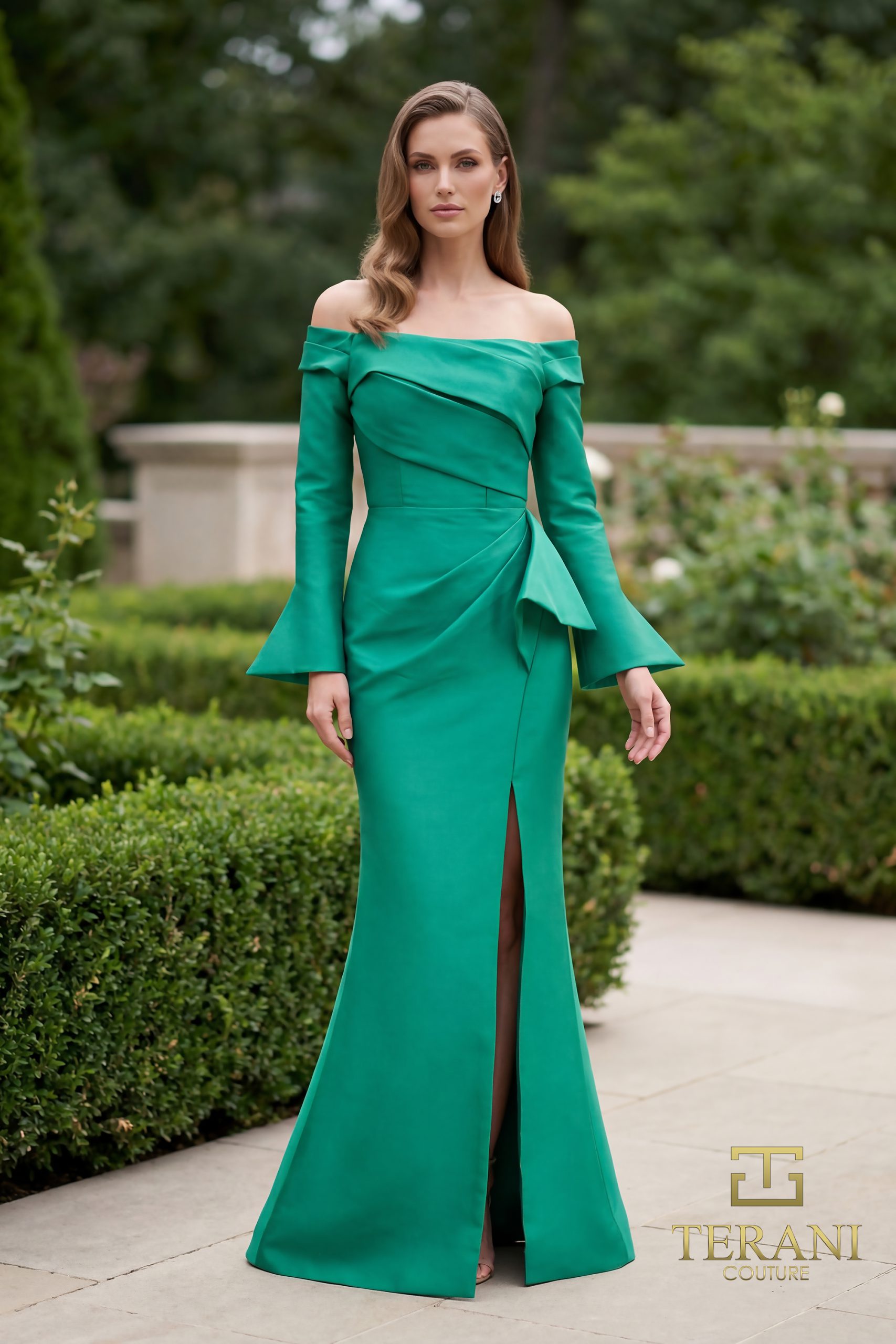 Off-Shoulder Stretch Mikado Column Gown with Long Sleeves and Slit – 261M6412