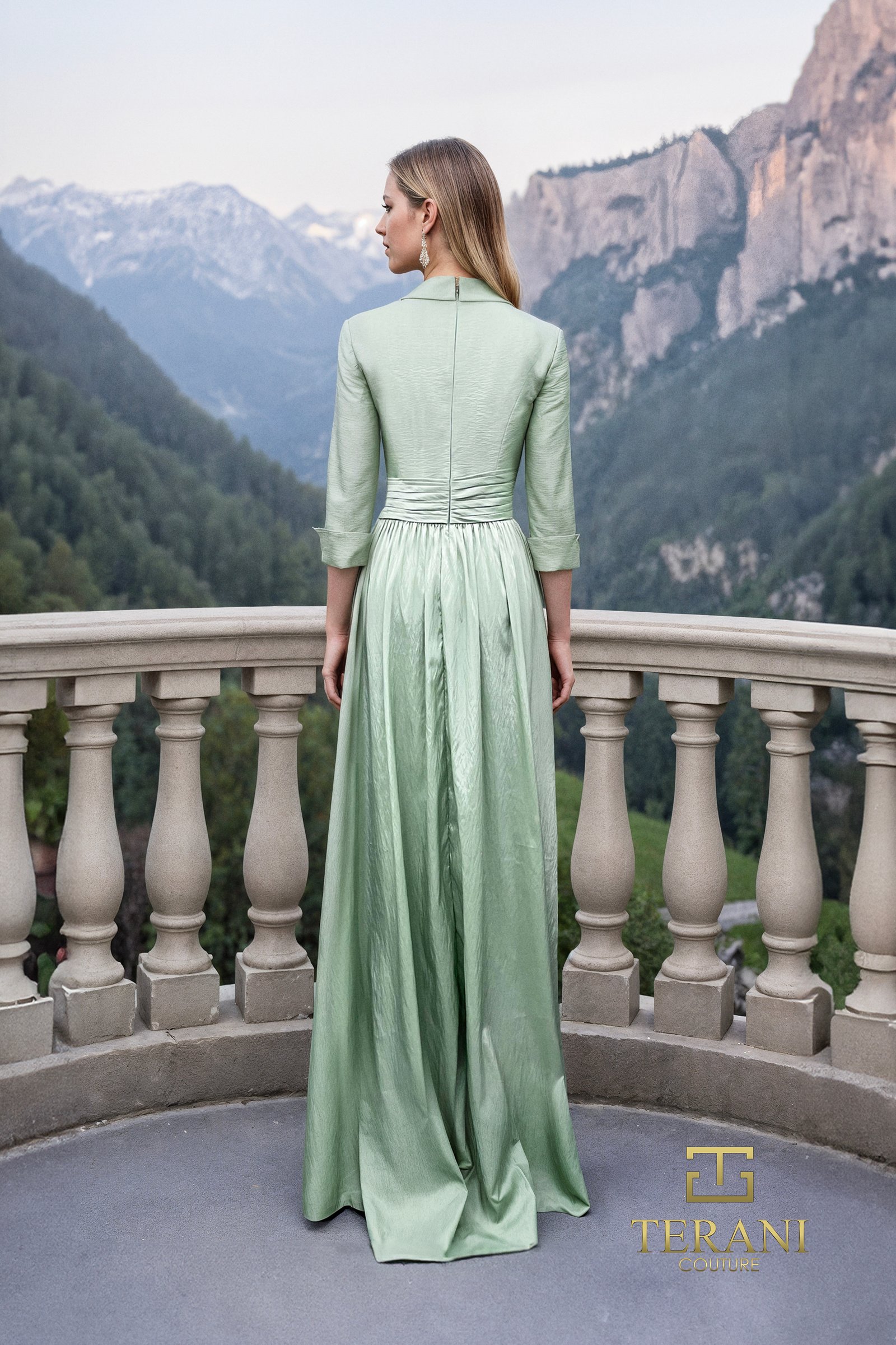 Collared Deep V Matte Tafetta A-Line Gown with 3/4 Sleeves – 261M6418