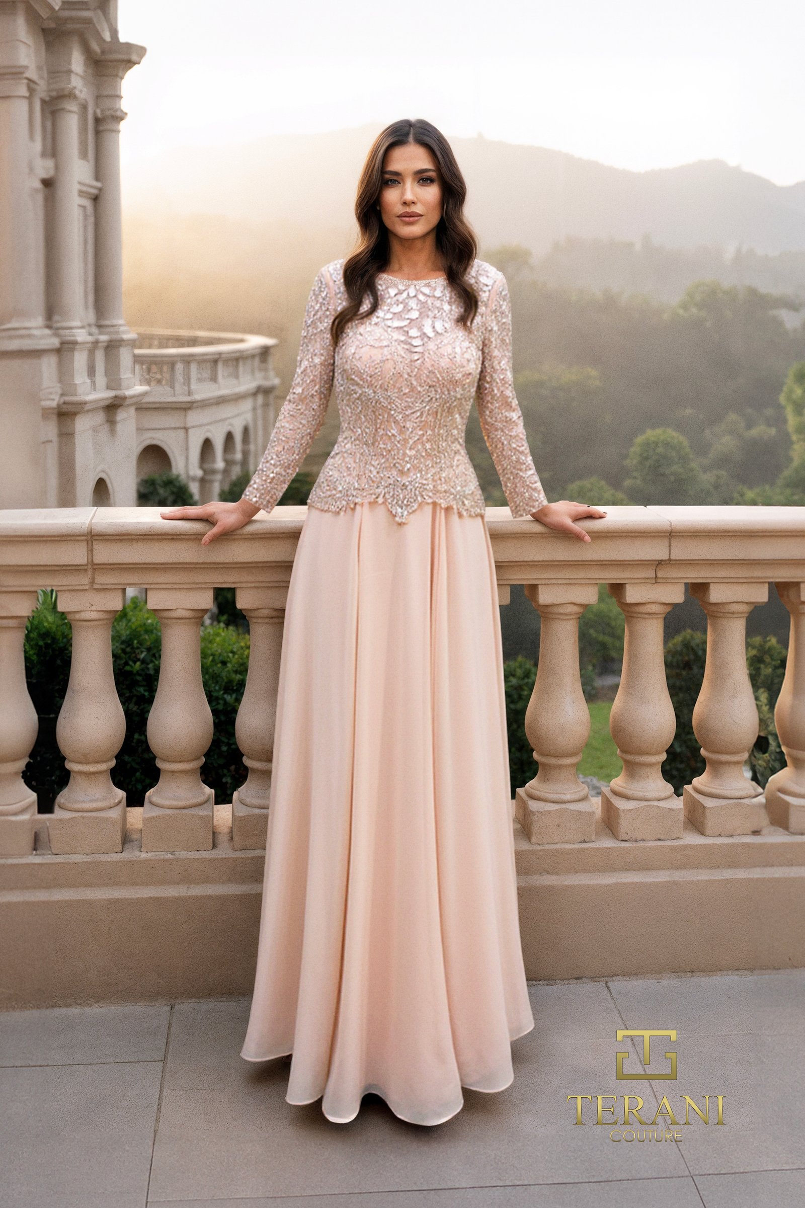 Boat Neck Chiffon & Embroidered A-Line Gown with Long Sleeves – 261M6439