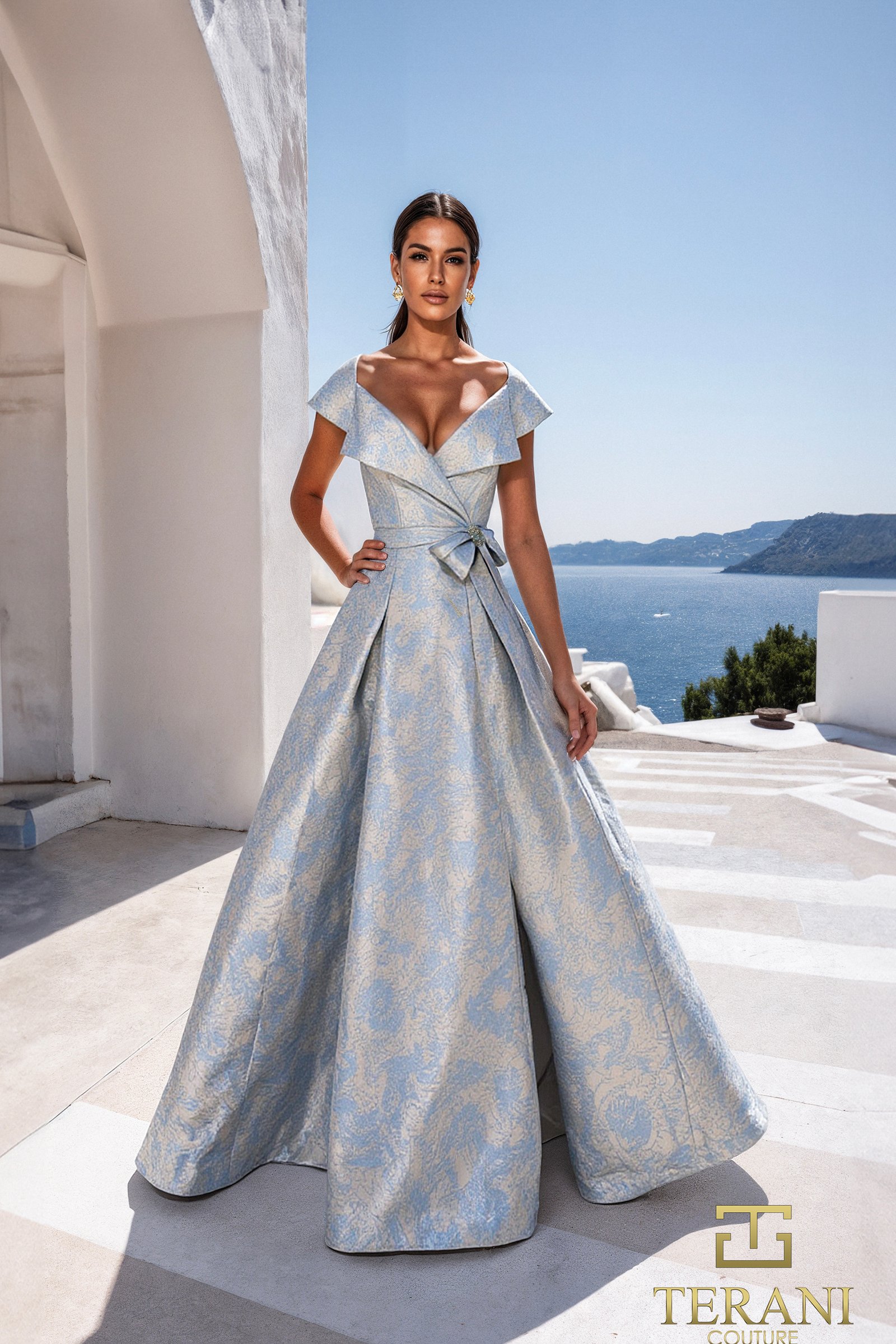Deep V Jacquard A-Line Gown – 261M6443