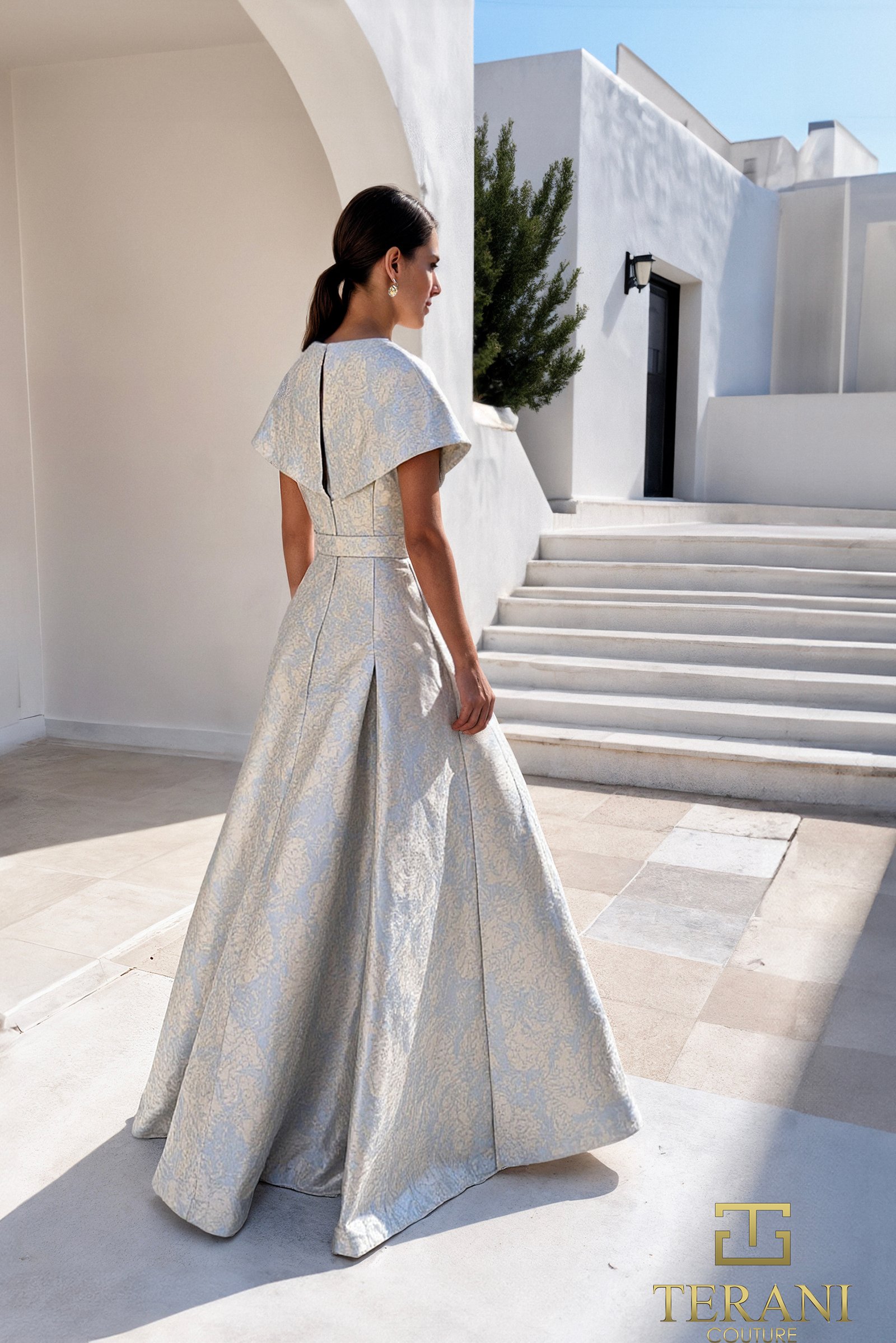 Deep V Jacquard A-Line Gown – 261M6443