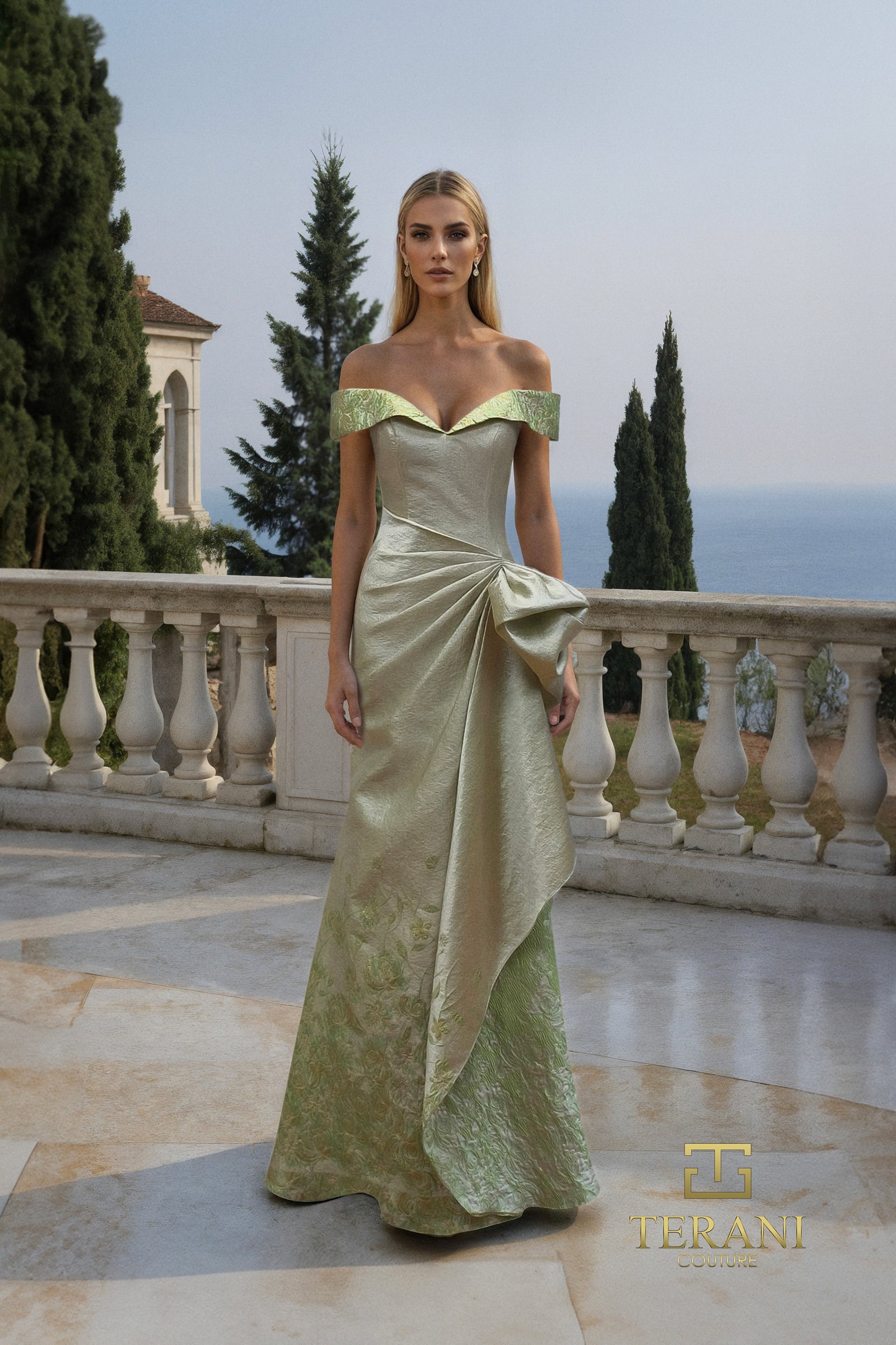 Off-Shoulder Jacquard Column Gown – 261M6451