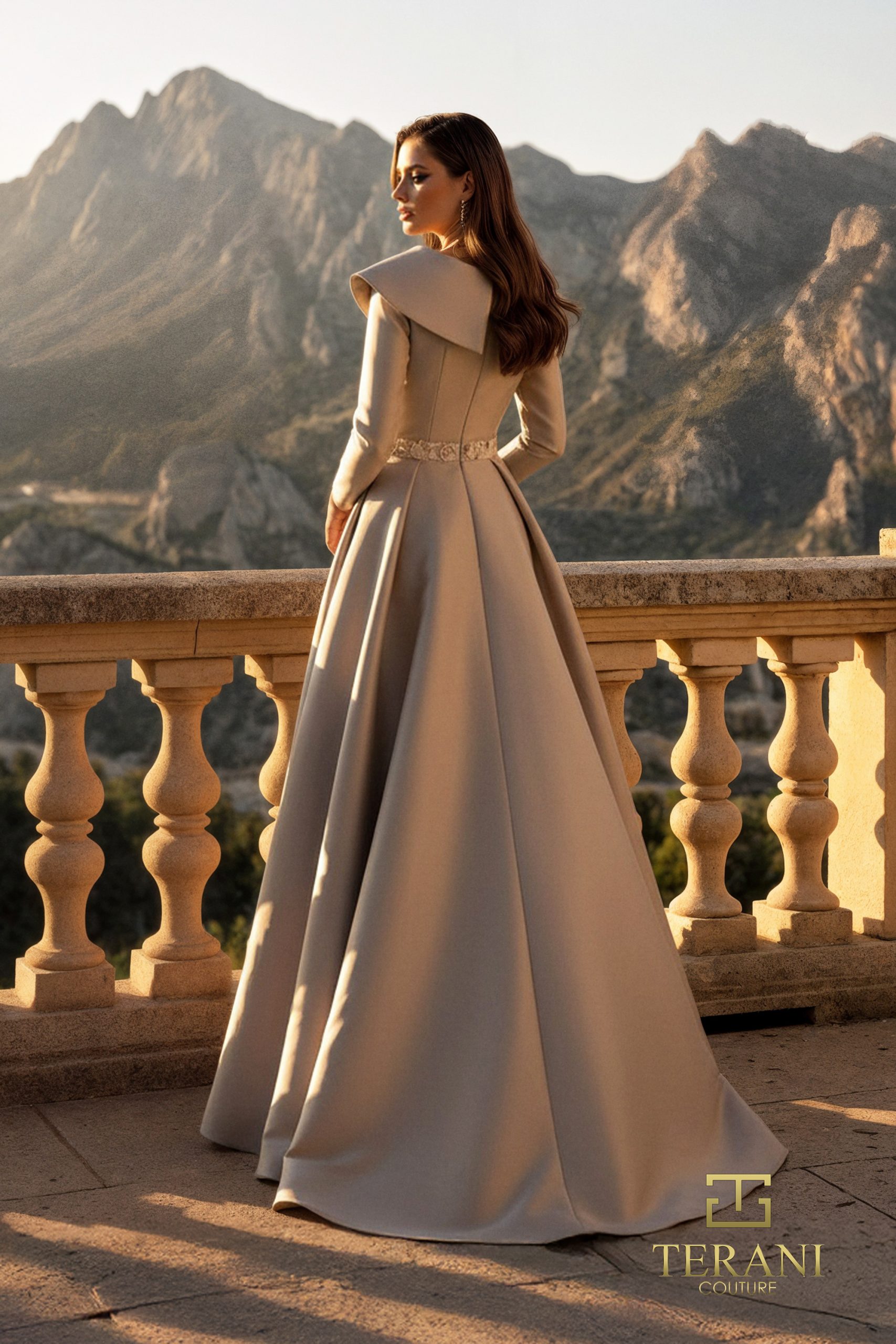 Off-Shoulder Mikado A-Line Gown with Long Sleeves and Slit – 261M6455