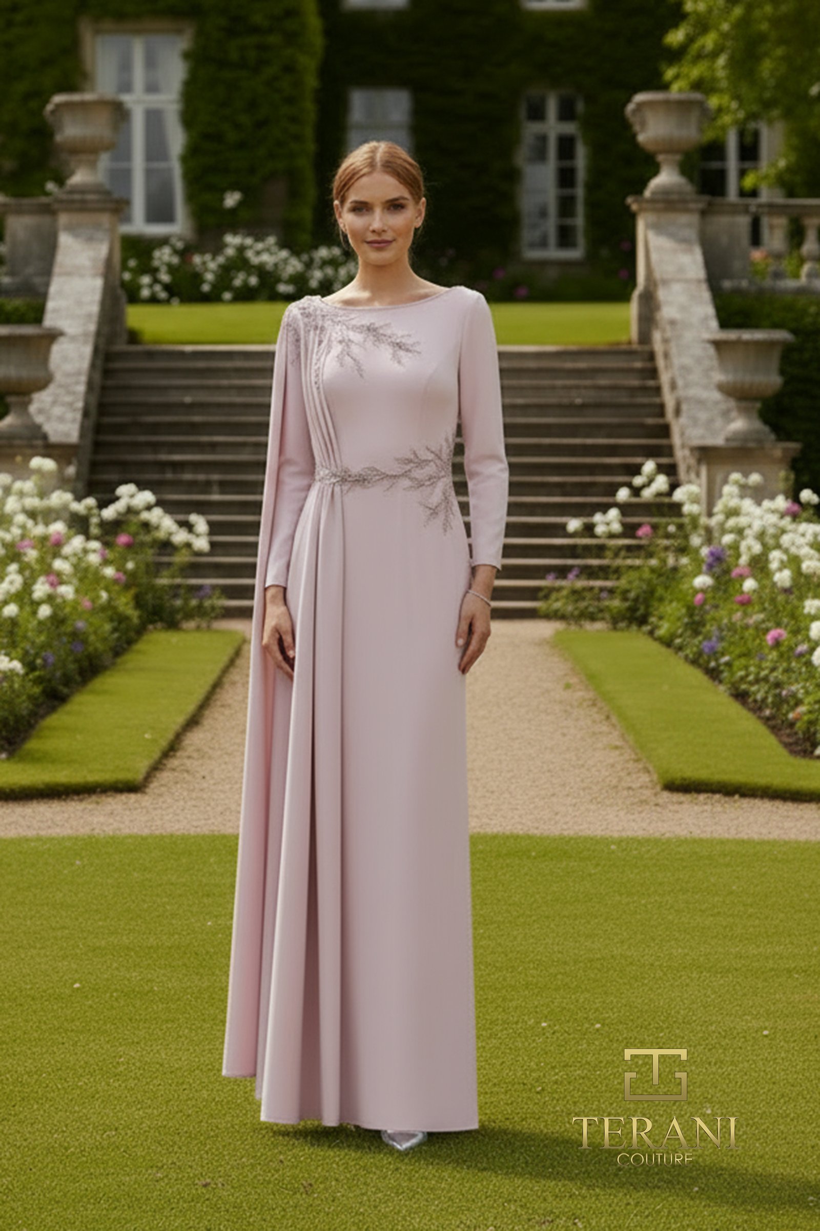 Boat Neck Stretch Twill Sheath Gown with Long Sleeves – 261M6465