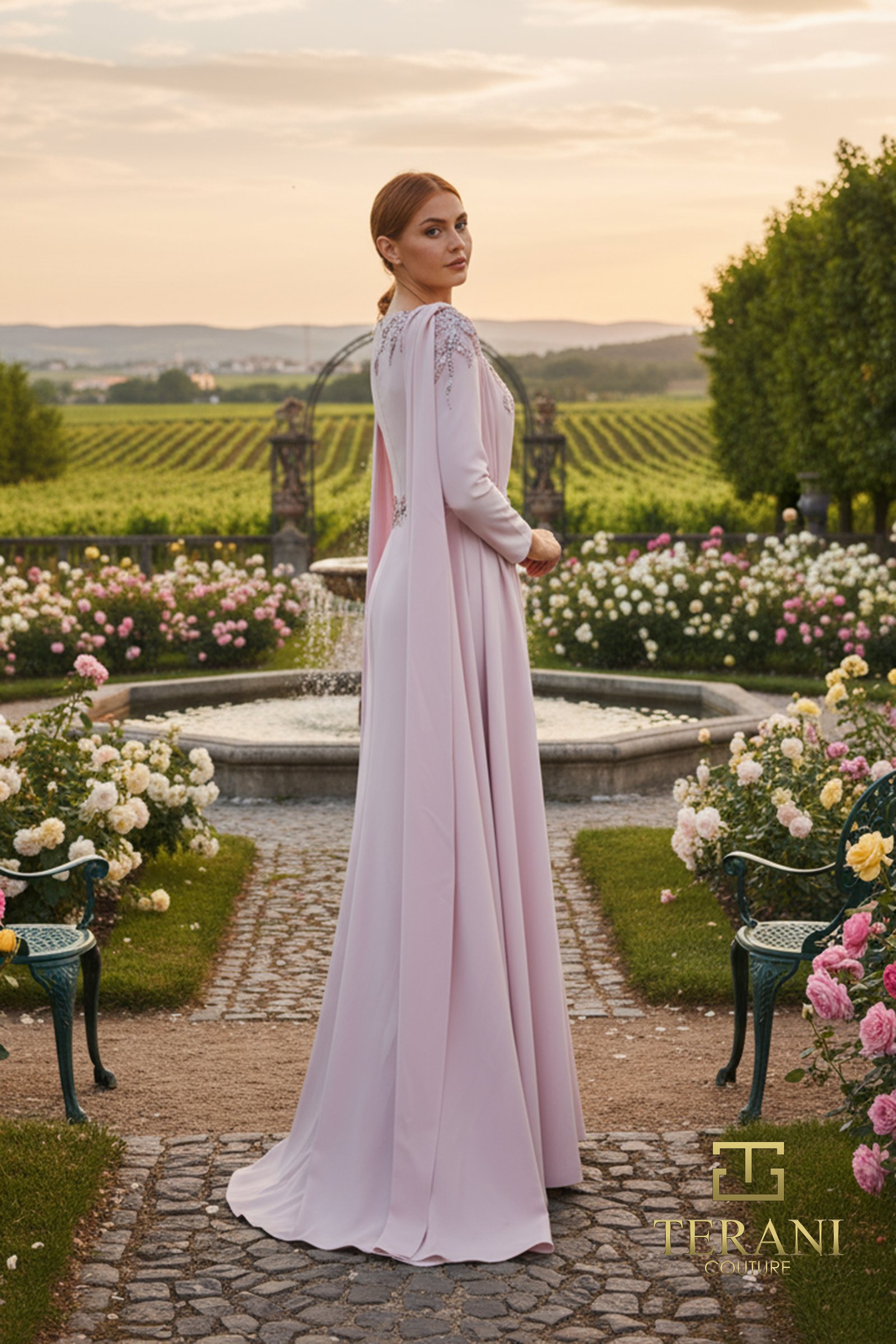 Boat Neck Stretch Twill Sheath Gown with Long Sleeves – 261M6465