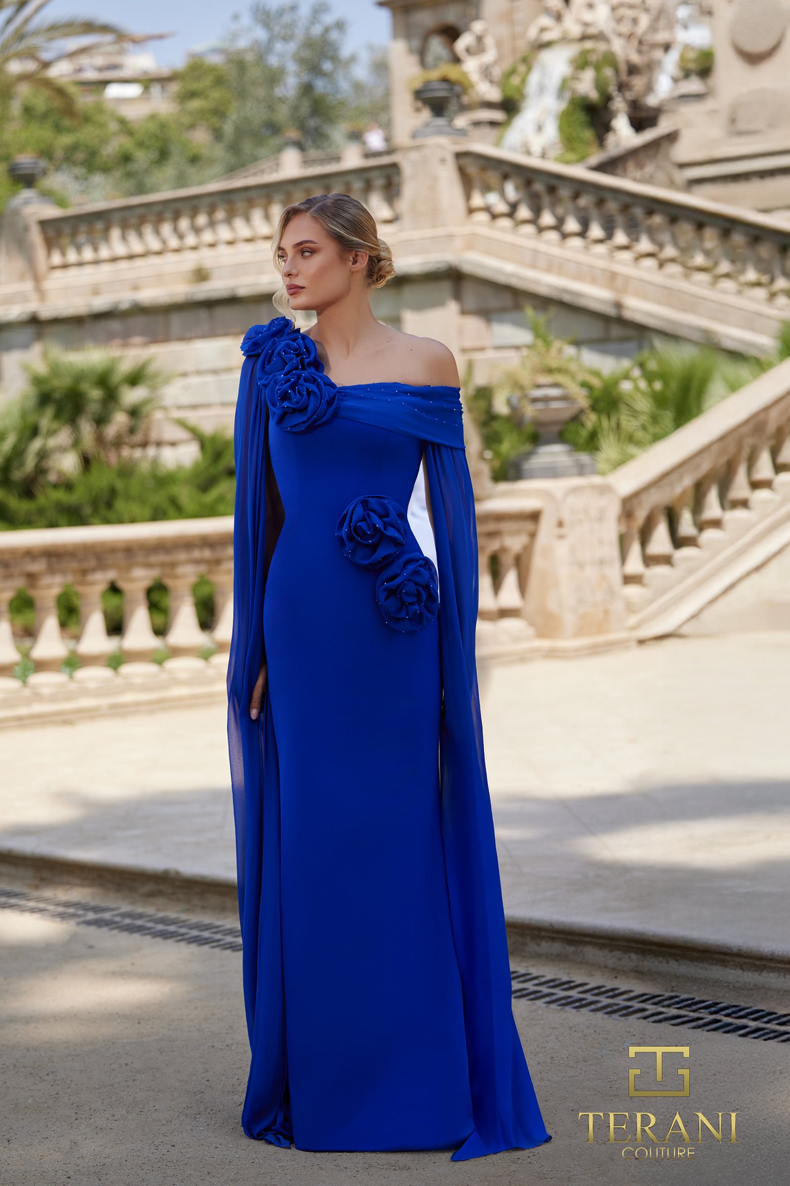 Asymmetric Off-Shoulder 2-Way Stretch Column Gown with Cape Sleeves – 261M6474