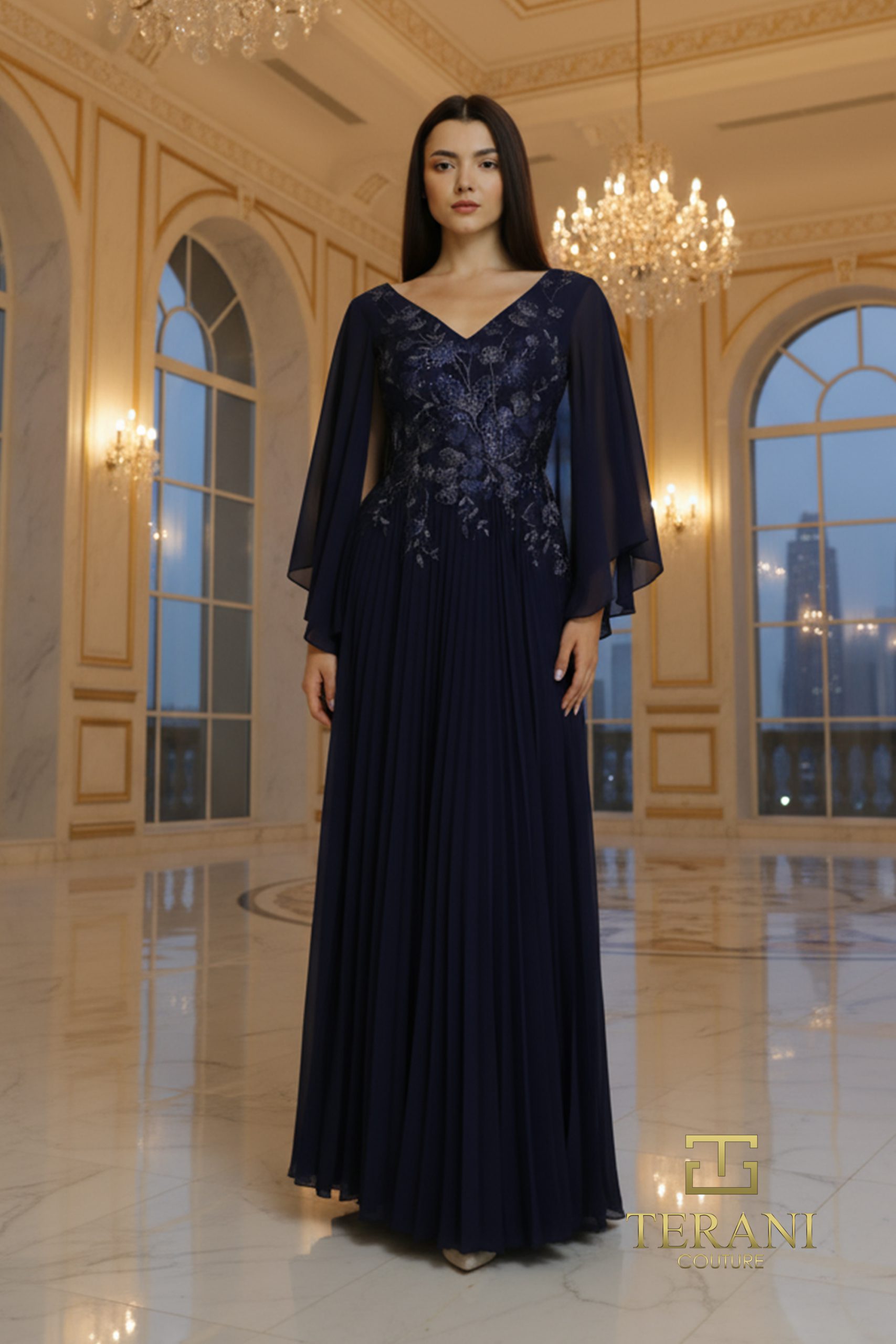 V-Neck Chiffon A-Line Gown with Flowing Cape Sleeves – 261M6681