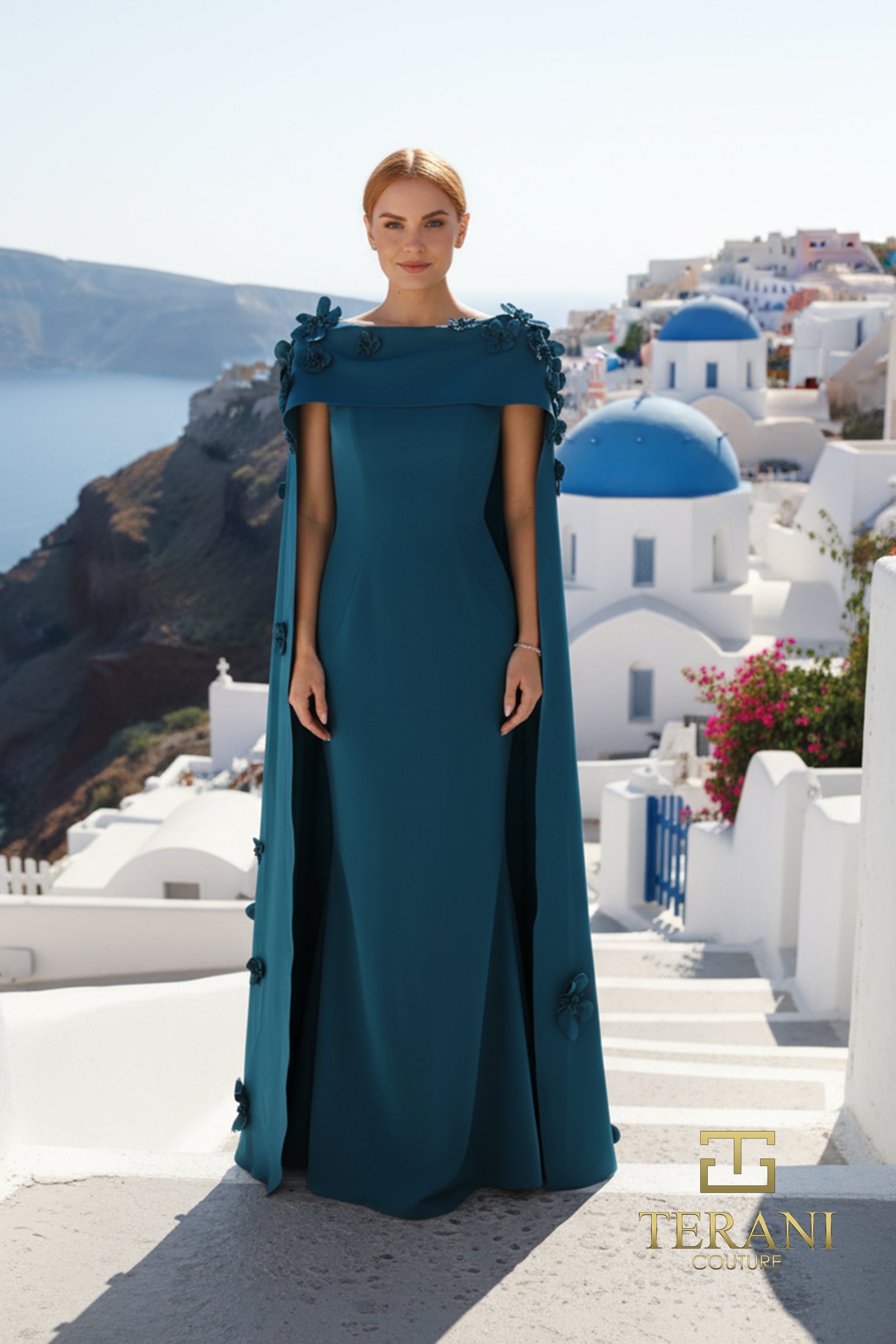 Boat Neck Crepe Trumpet Gown with Cape Sleeves – 261M6687