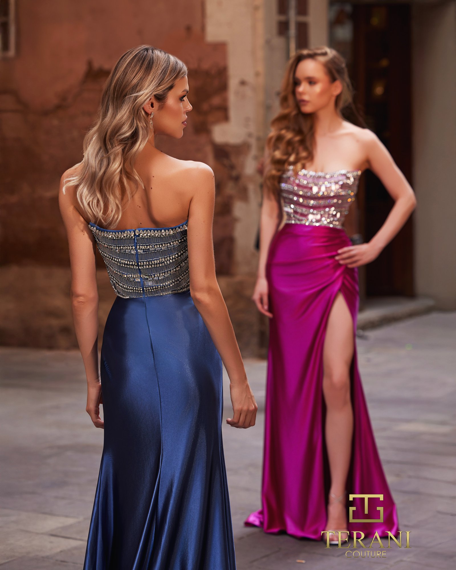 Curved Neck Satin Sheath Gown with Slit – 261P6014