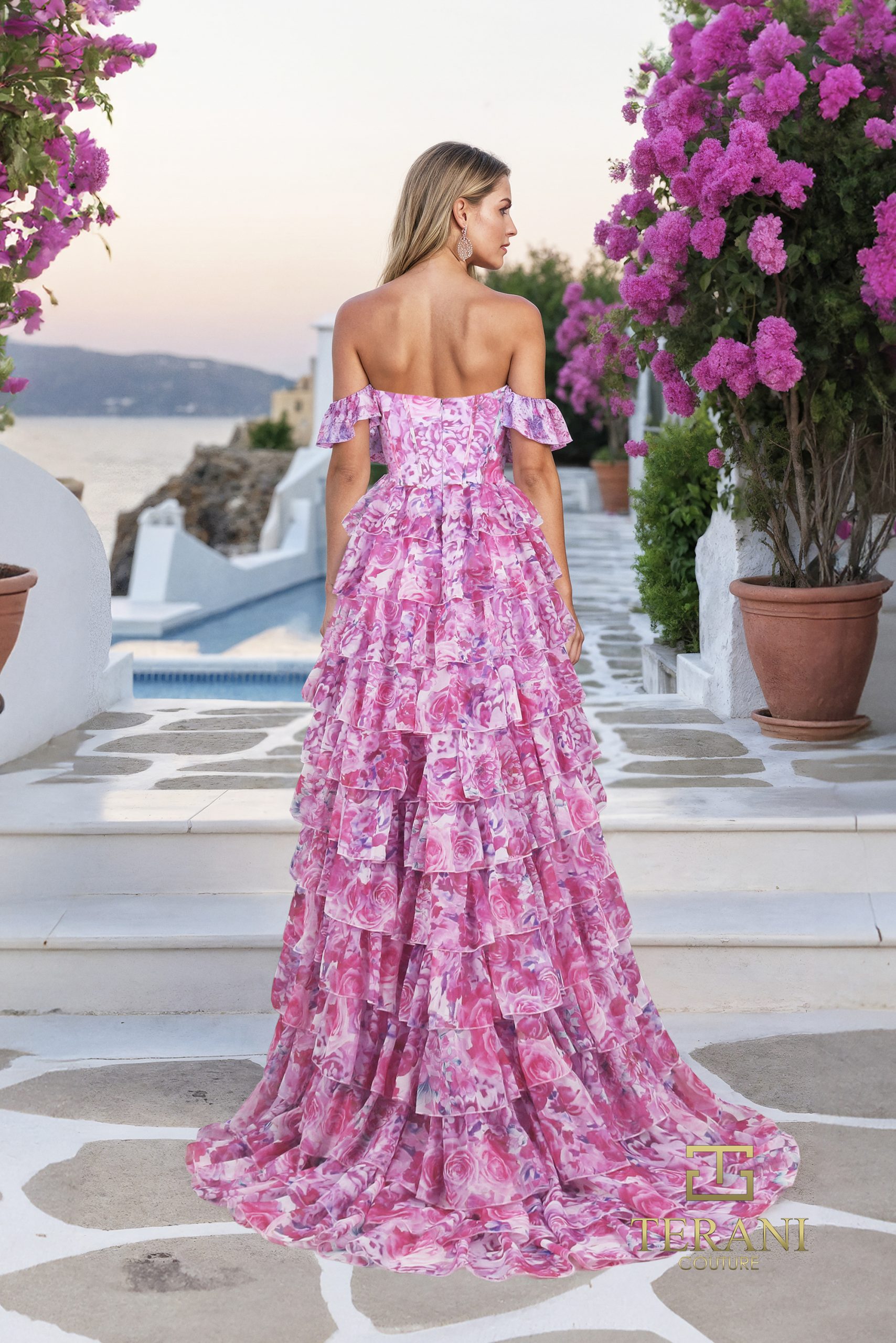 Off-Shoulder Sweetheart Printed Chiffon A-Line Gown – 261P6091