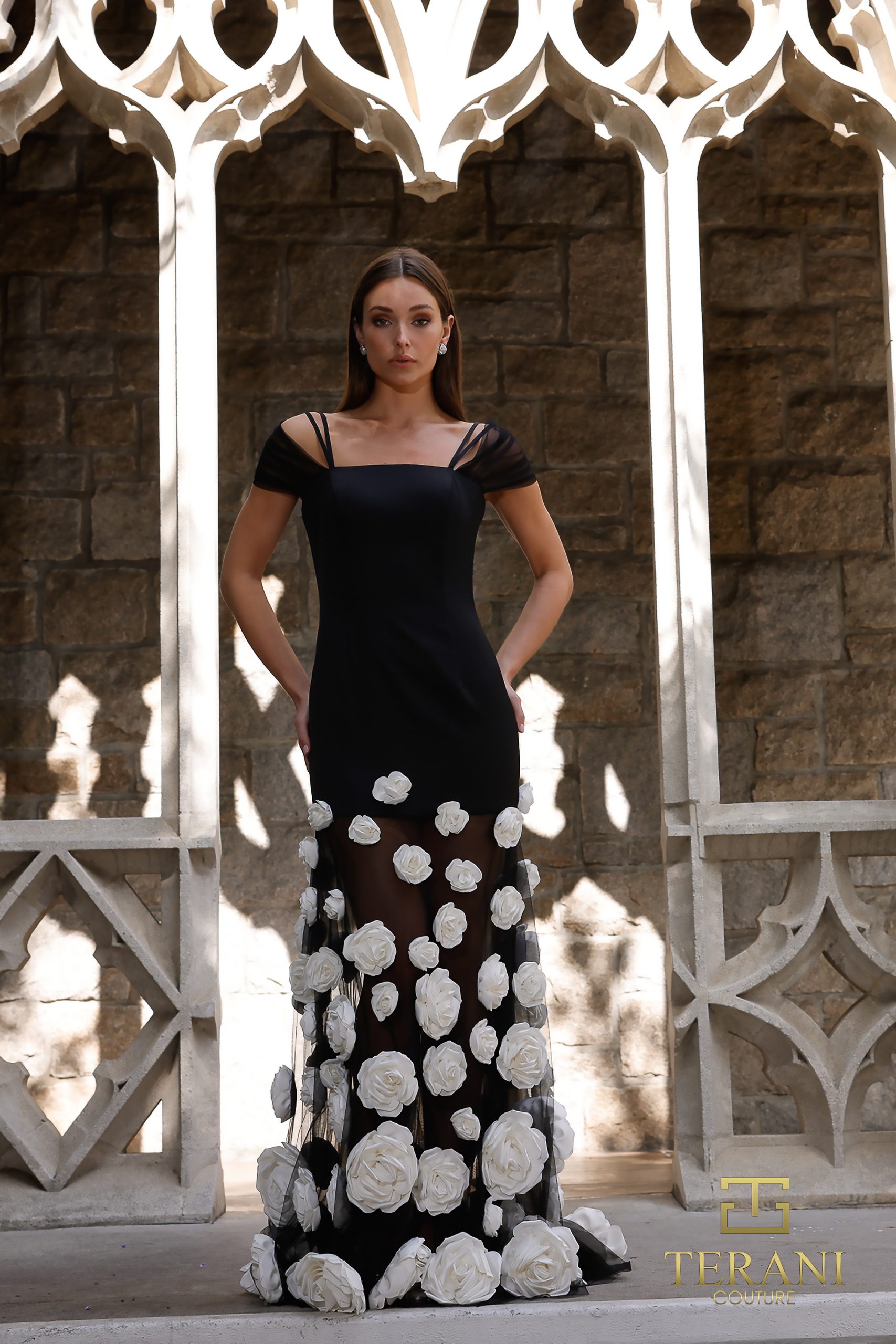 Square Neck Matte Satin Sheath Gown with Cap Sleeves – 261P6098