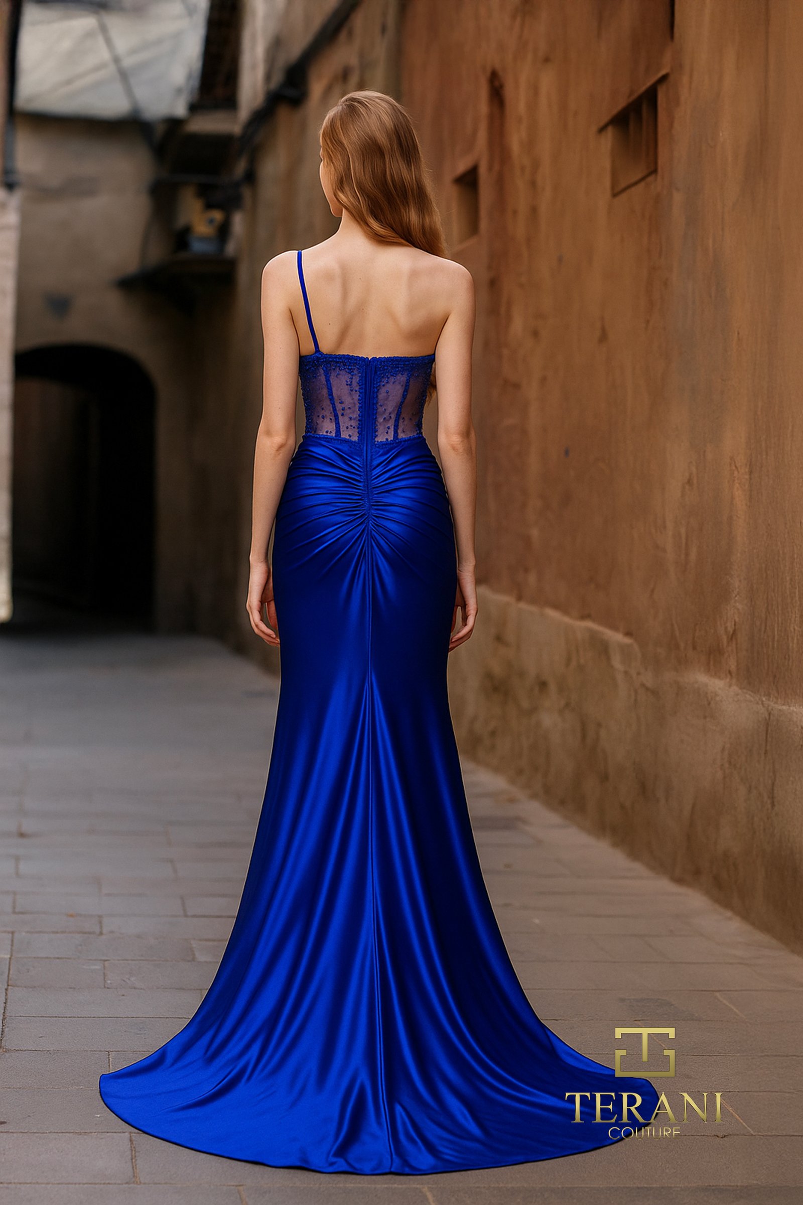 Asymmetric One-Shoulder Slinky Jersey Sheath Gown with Slit – 261P6125